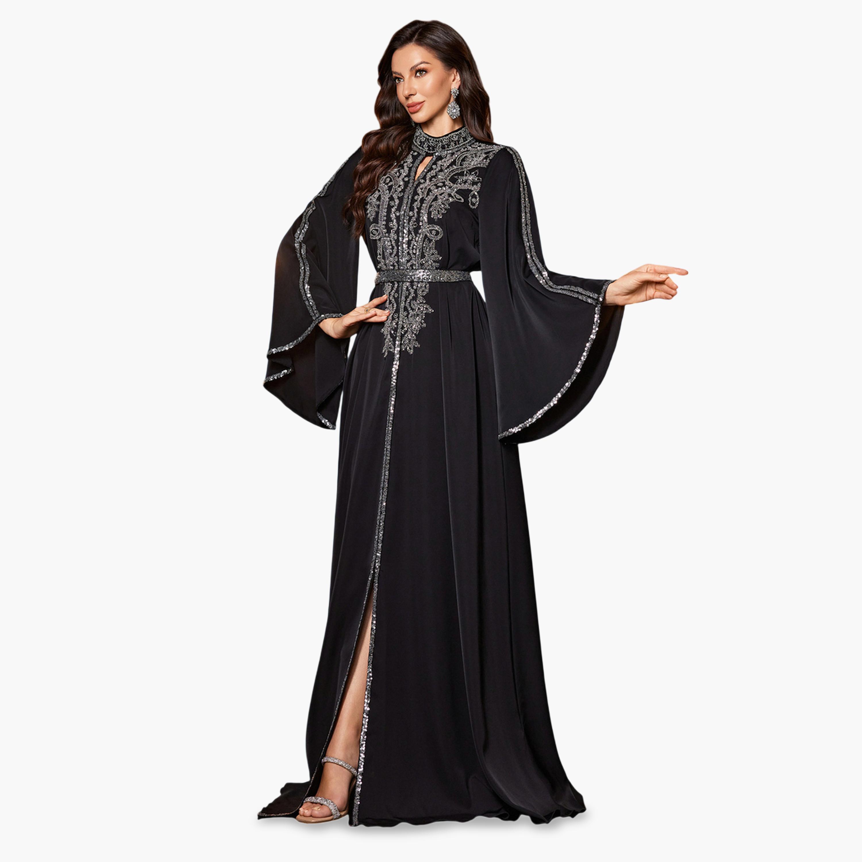 يونيثورس × ستايلي - فستان ماكسي أسود مزين بالترتر بأكمام طويلة وقصة واسعة من الأسفل-women-clothing-dresses-image-4