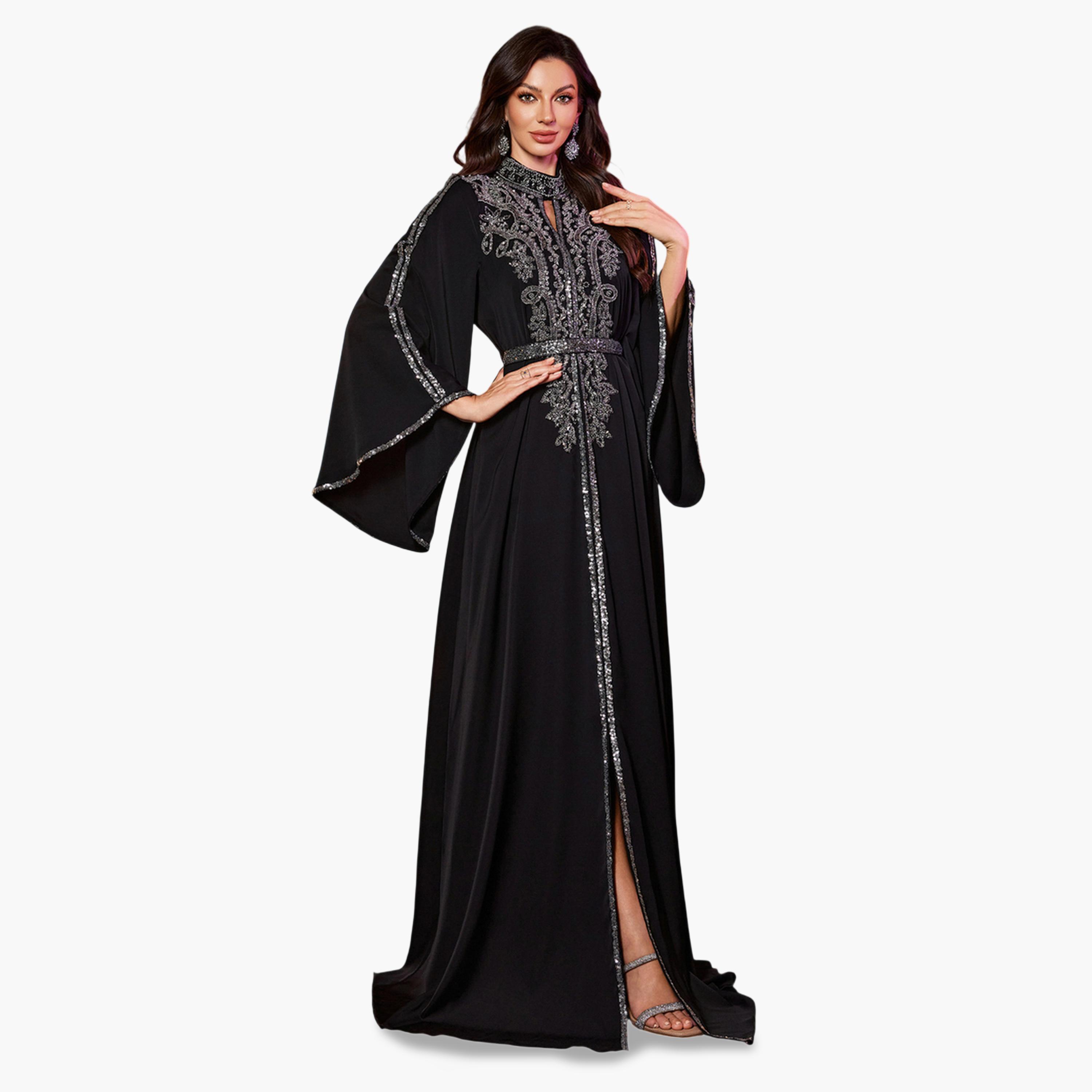 يونيثورس × ستايلي - فستان ماكسي أسود مزين بالترتر بأكمام طويلة وقصة واسعة من الأسفل-women-clothing-dresses-image-5