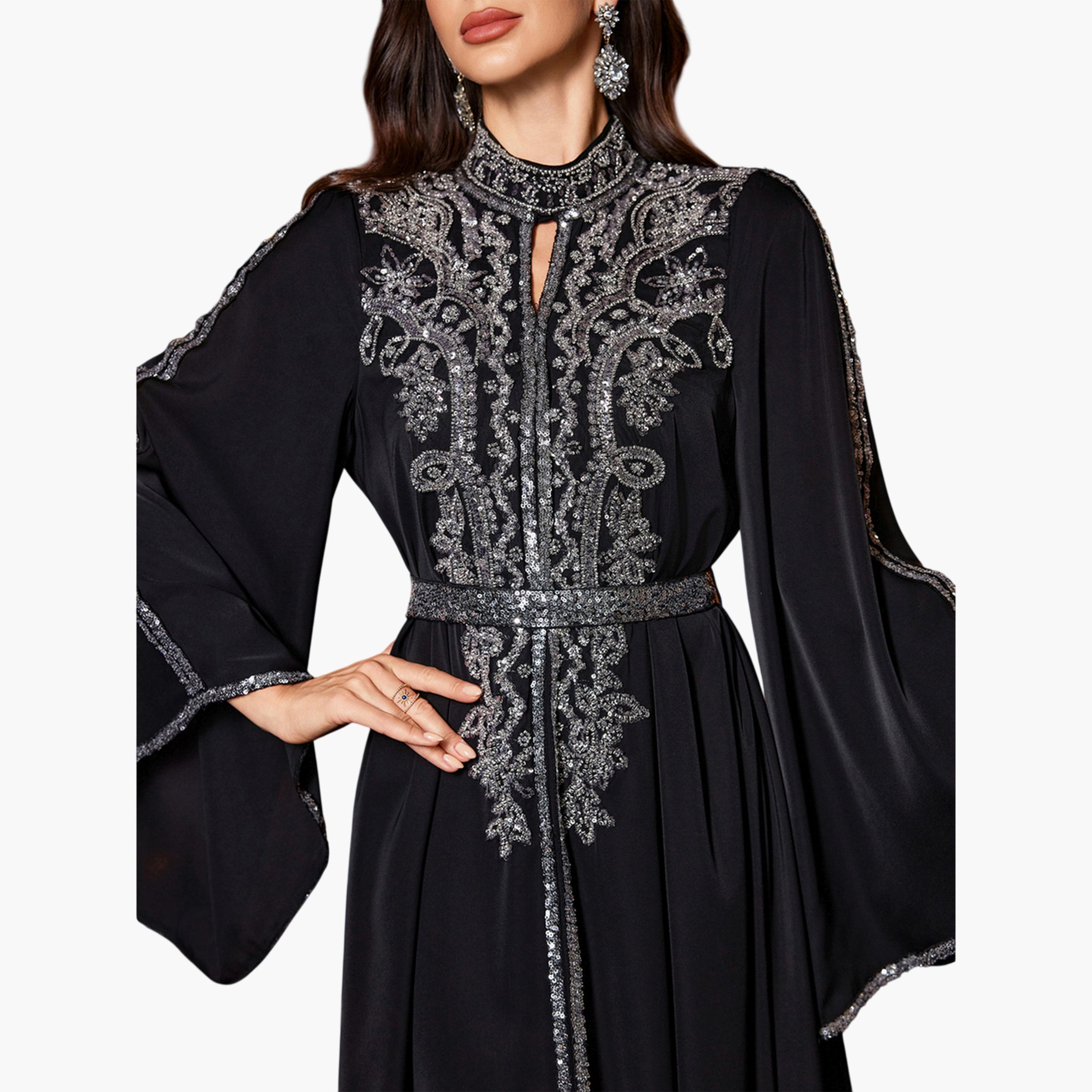 UNITHORSE X Styli Black Sequin Long Sleeves A-Line Maxi Dress-women-clothing-dresses-image-6