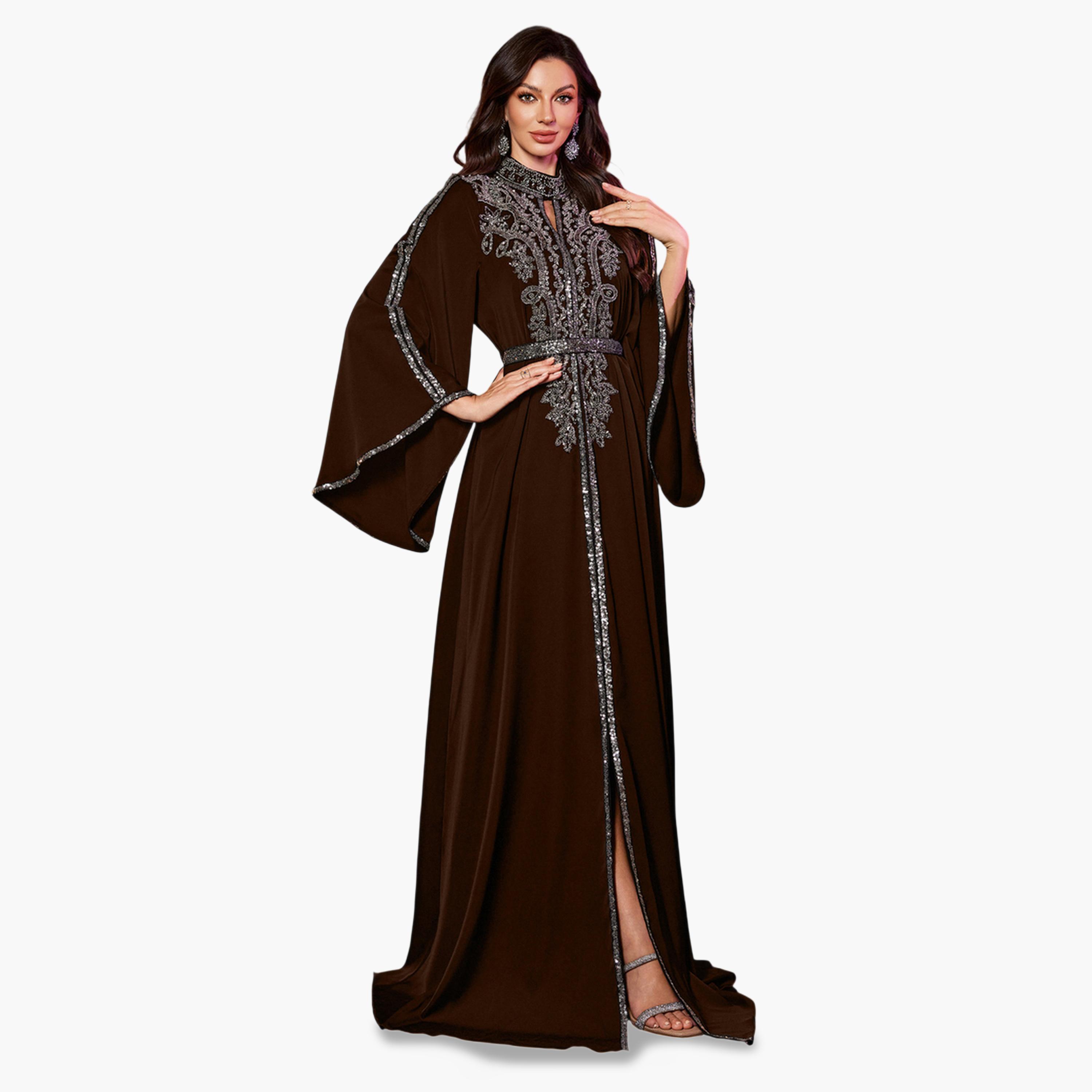 يونيثورس × ستايلي - فستان ماكسي بني اللون مزين بالترتر بأكمام طويلة وقصة واسعة من الأسفل-women-clothing-dresses-image-3