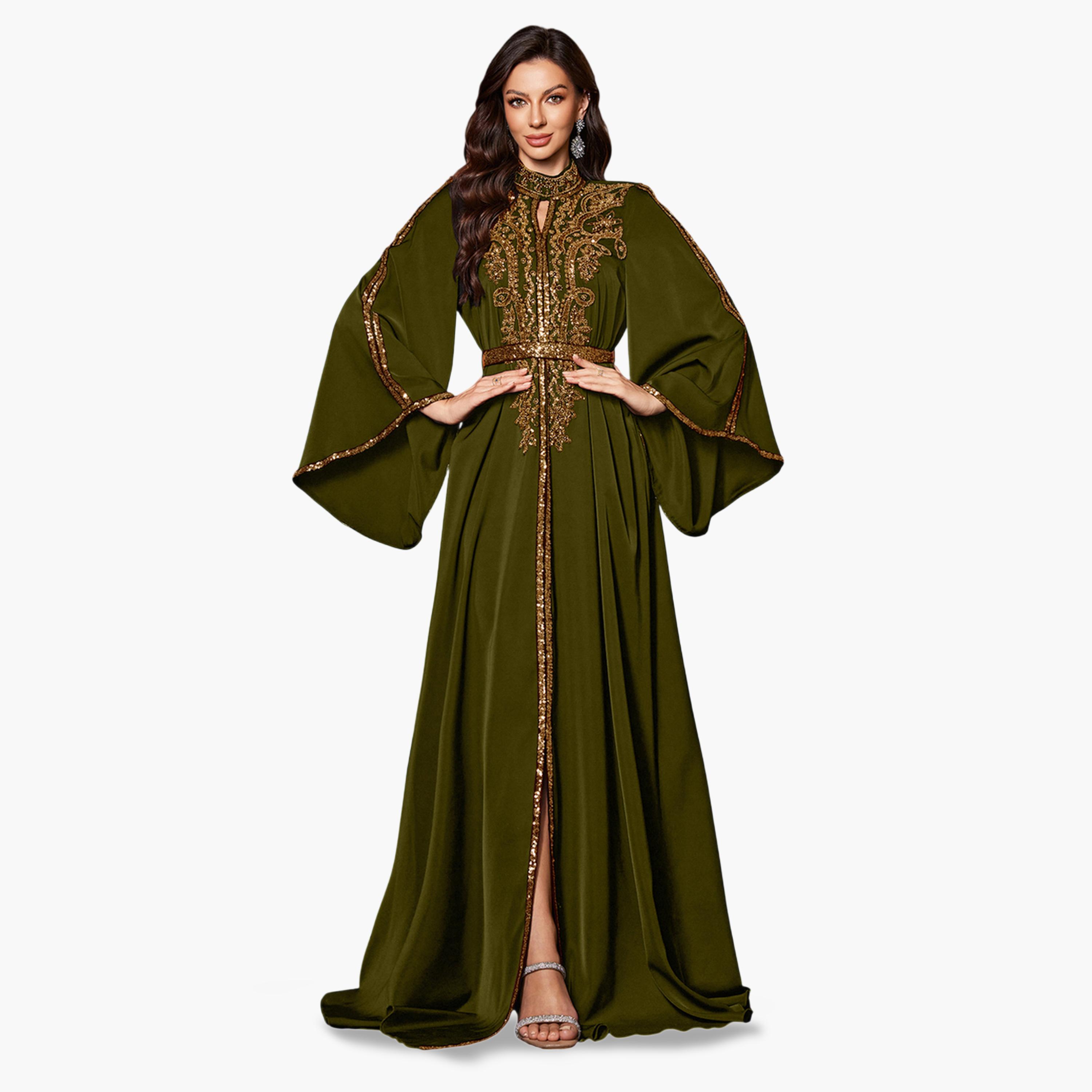 يونيثورس × ستايلي - فستان ماكسي طويل الأكمام تصميم  A مزين بالترتر الزيتوني-women-clothing-dresses-image-1