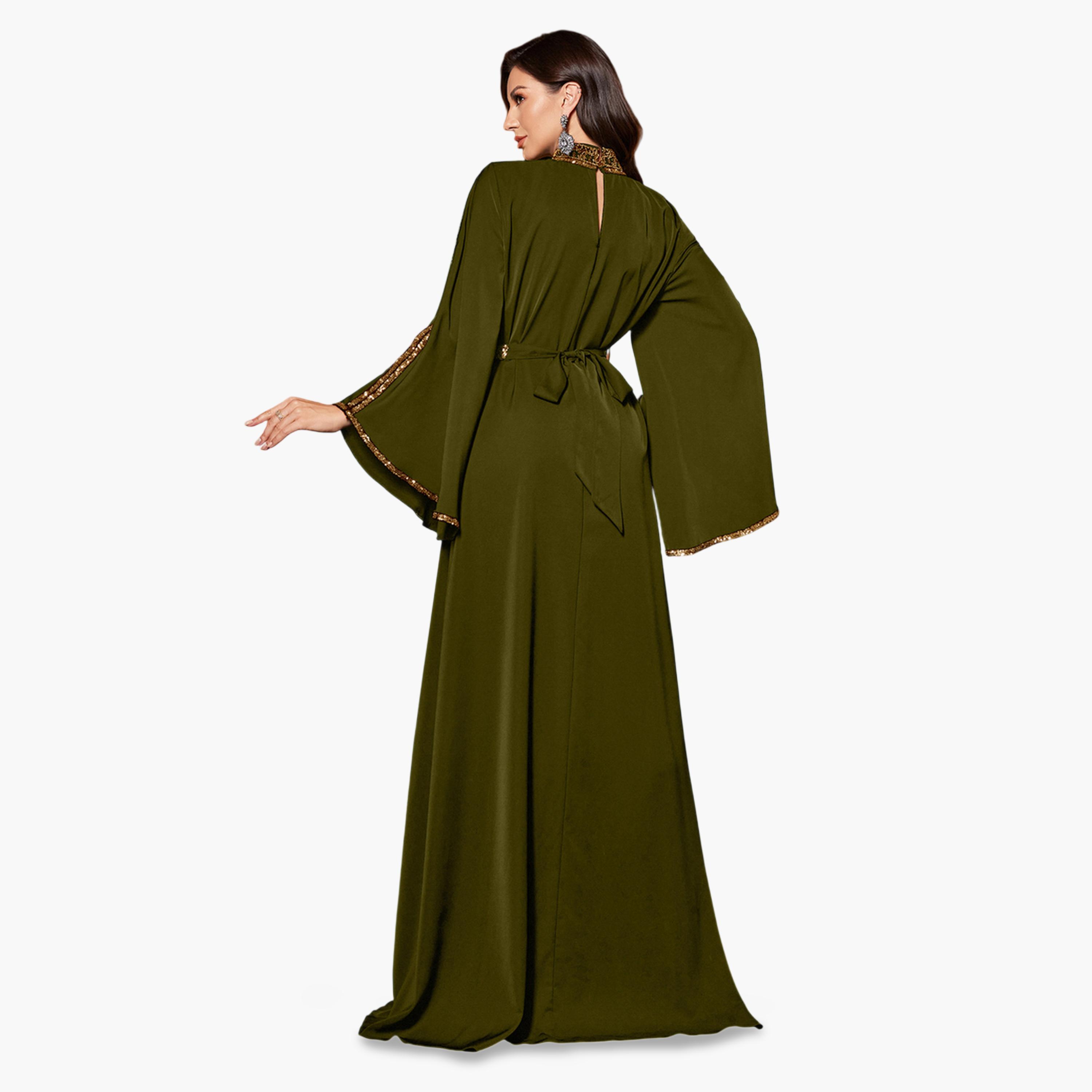 يونيثورس × ستايلي - فستان ماكسي طويل الأكمام تصميم  A مزين بالترتر الزيتوني-women-clothing-dresses-image-2