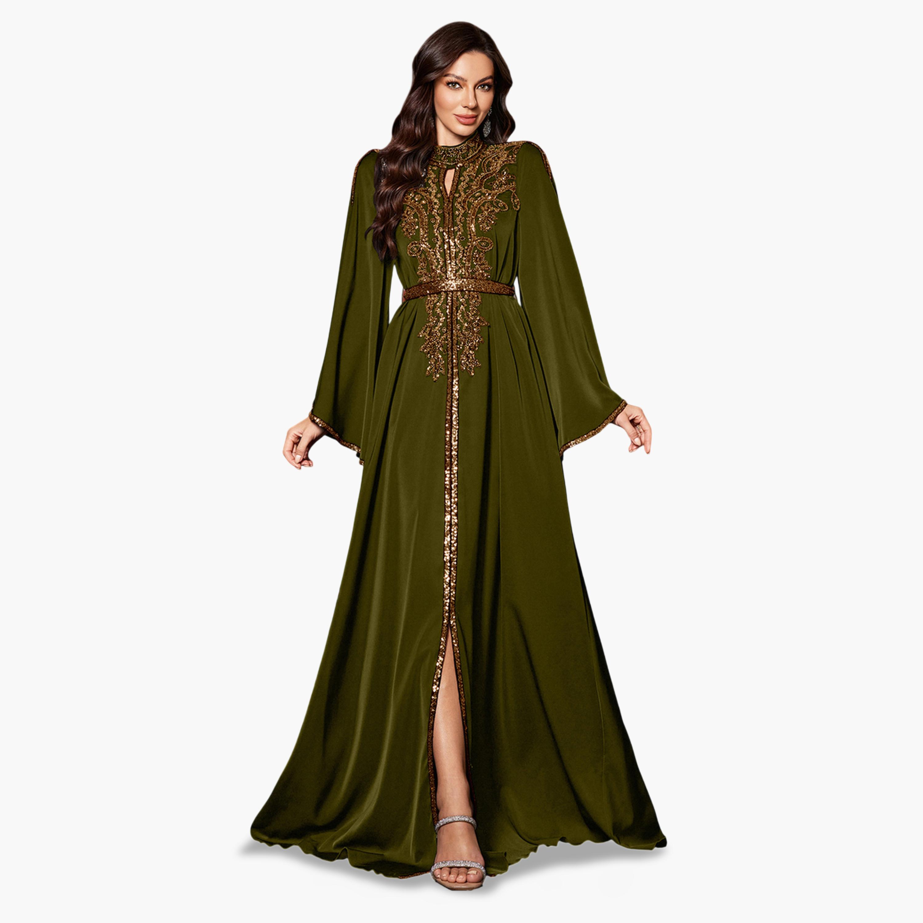 يونيثورس × ستايلي - فستان ماكسي طويل الأكمام تصميم  A مزين بالترتر الزيتوني-women-clothing-dresses-image-3