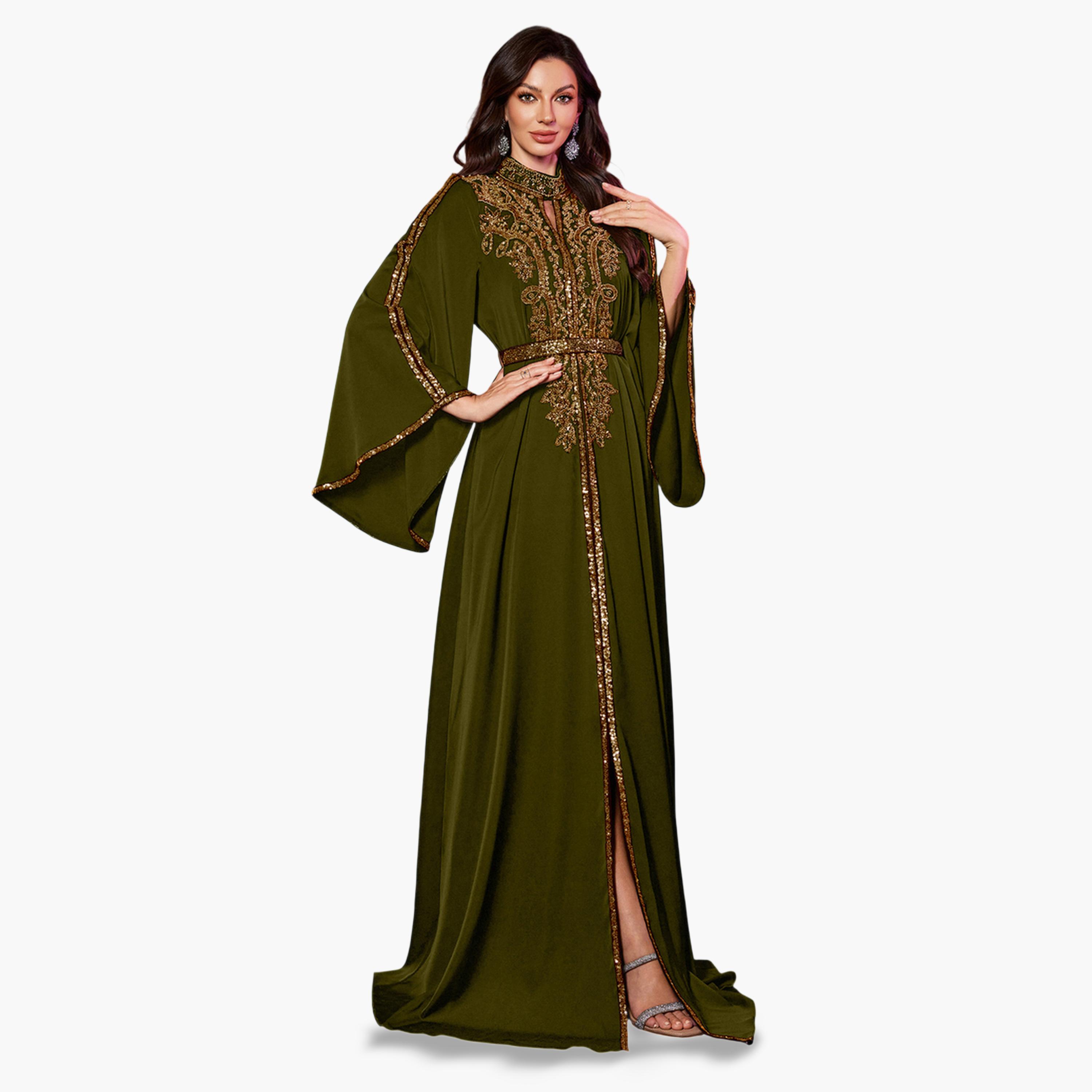 يونيثورس × ستايلي - فستان ماكسي طويل الأكمام تصميم  A مزين بالترتر الزيتوني-women-clothing-dresses-image-4