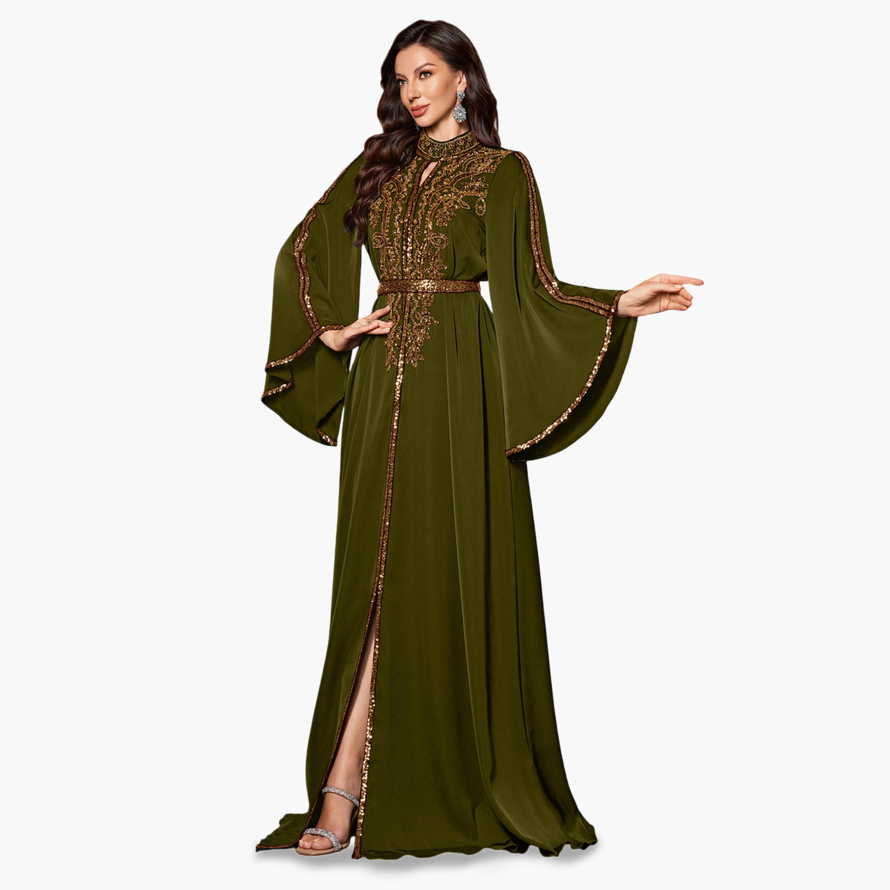 يونيثورس × ستايلي - فستان ماكسي طويل الأكمام تصميم  A مزين بالترتر الزيتوني-women-clothing-dresses-image-5
