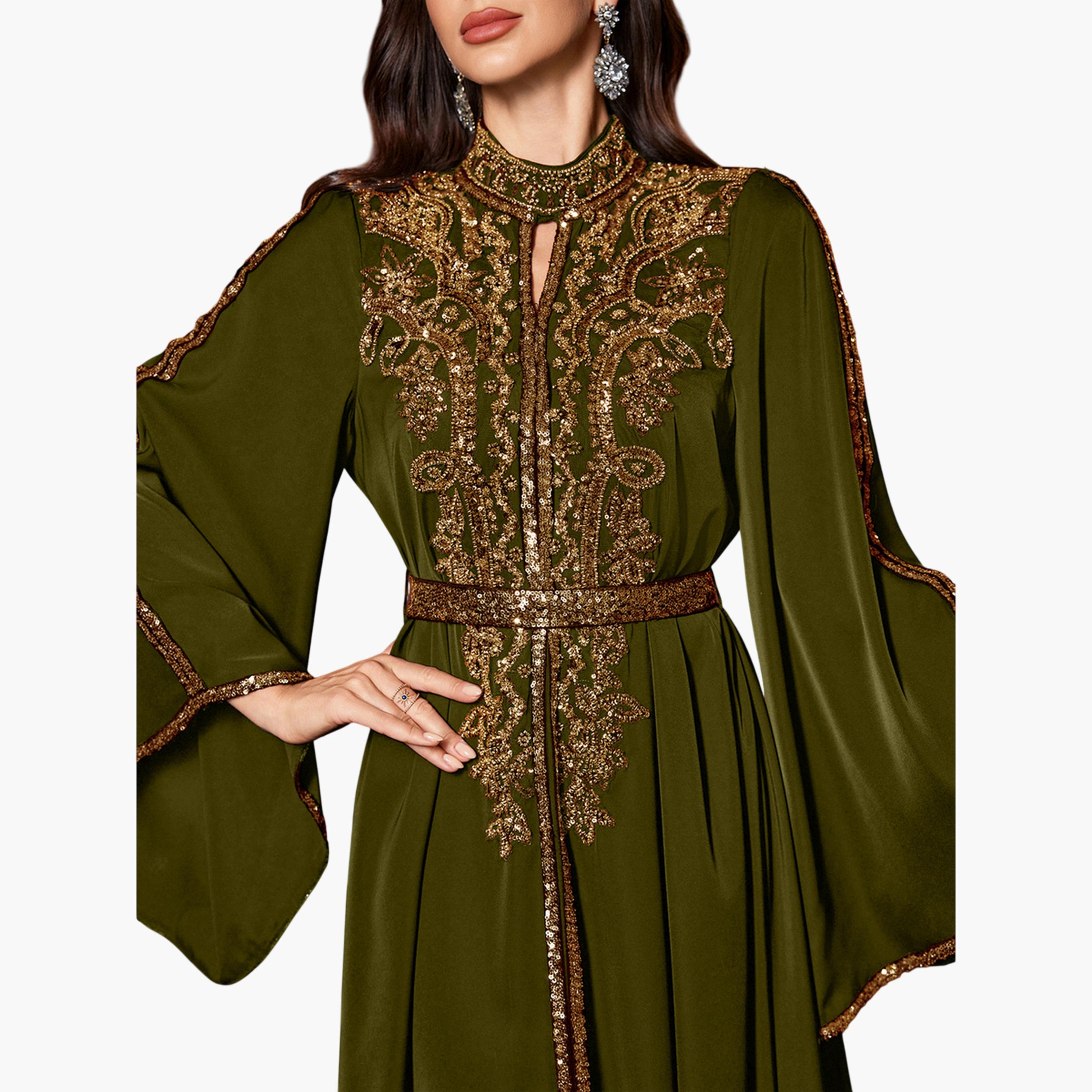 يونيثورس × ستايلي - فستان ماكسي طويل الأكمام تصميم  A مزين بالترتر الزيتوني-women-clothing-dresses-image-6