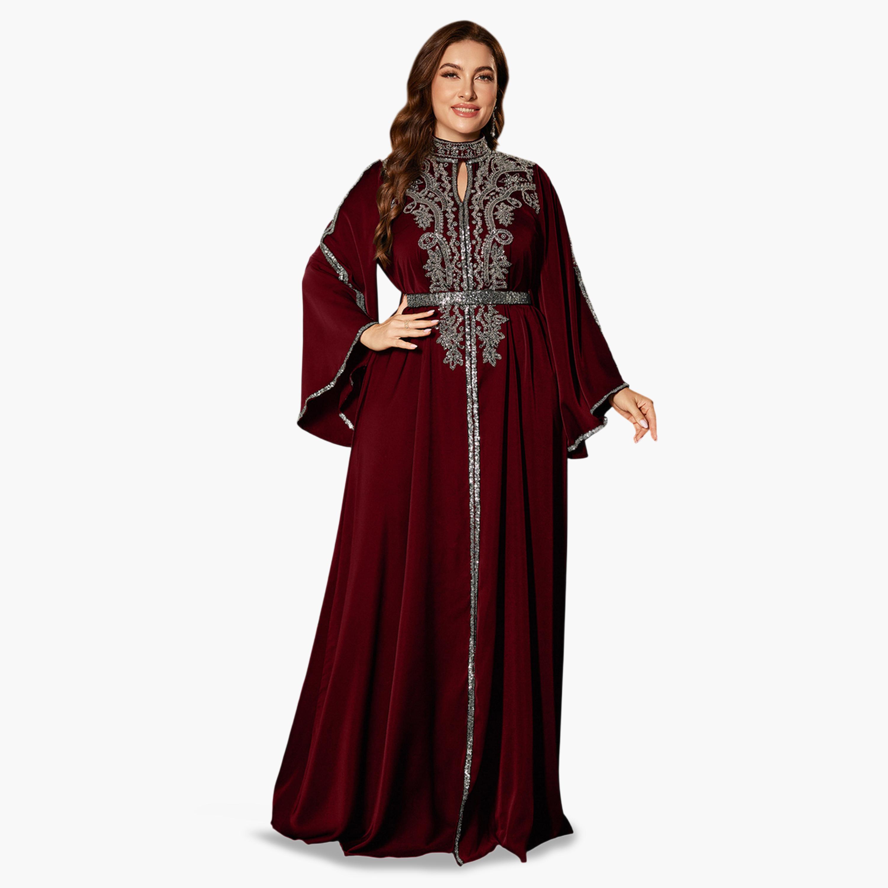 يونيثورس × ستايلي - فستان ماكسي كبير الحجم بلون برغندي مزين بالترتر وأكمام واسعة-women-clothing-dresses-image-1