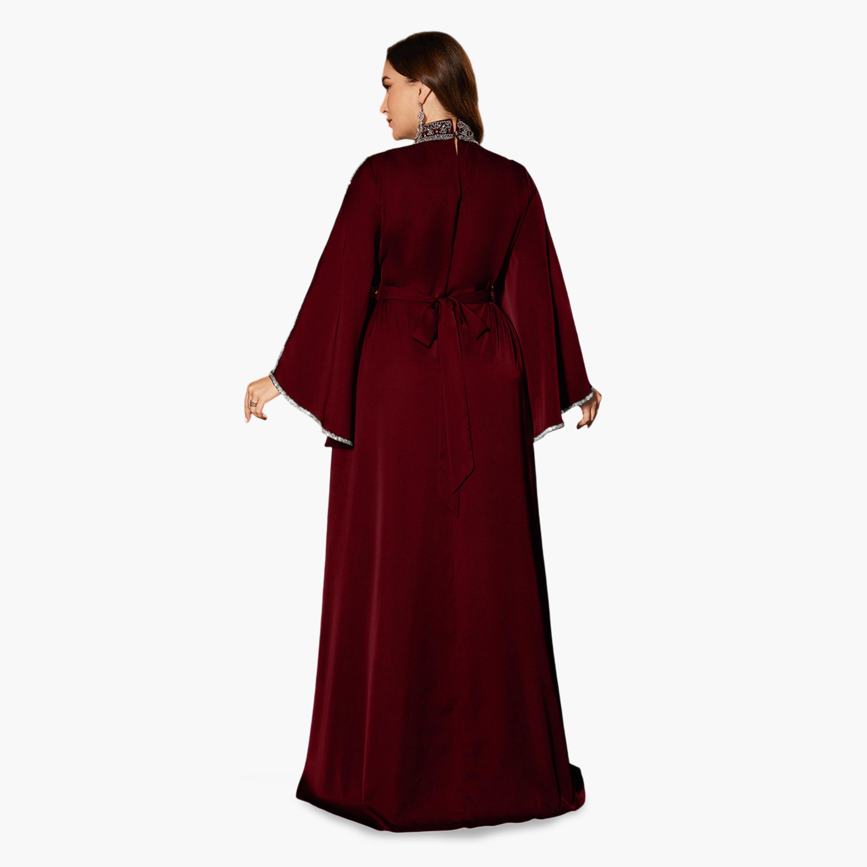 يونيثورس × ستايلي - فستان ماكسي كبير الحجم بلون برغندي مزين بالترتر وأكمام واسعة-women-clothing-dresses-image-2