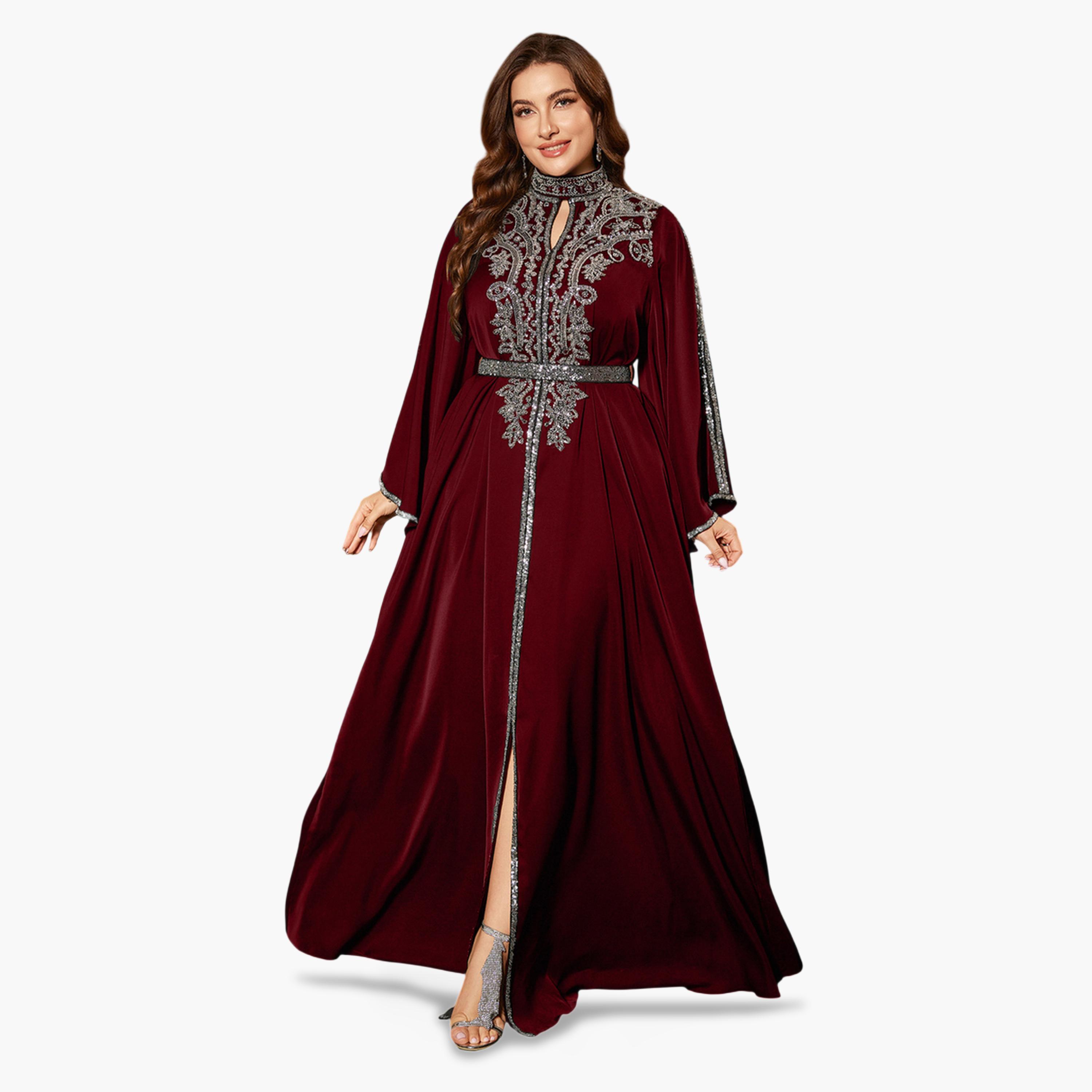 يونيثورس × ستايلي - فستان ماكسي كبير الحجم بلون برغندي مزين بالترتر وأكمام واسعة-women-clothing-dresses-image-3