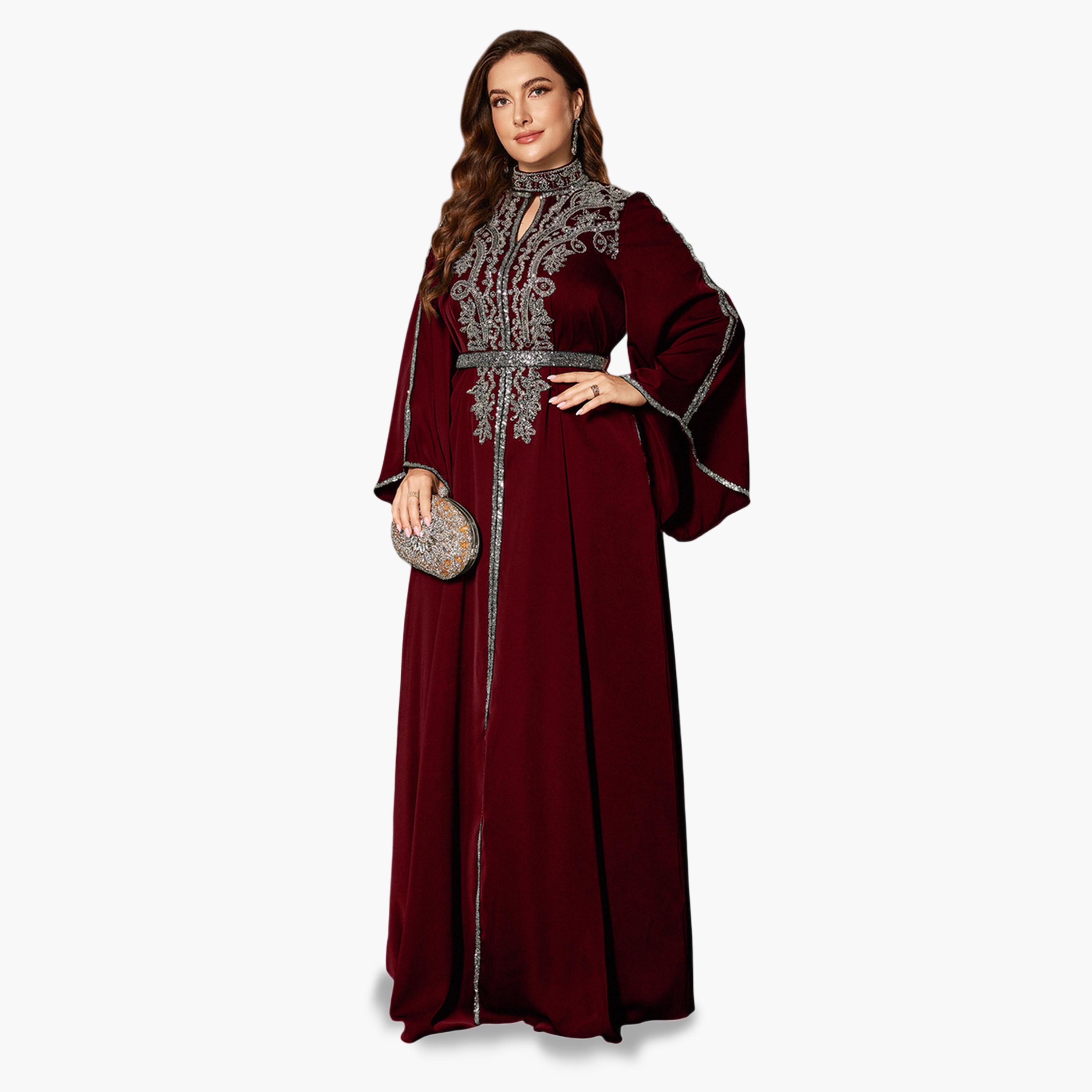 يونيثورس × ستايلي - فستان ماكسي كبير الحجم بلون برغندي مزين بالترتر وأكمام واسعة-women-clothing-dresses-image-4
