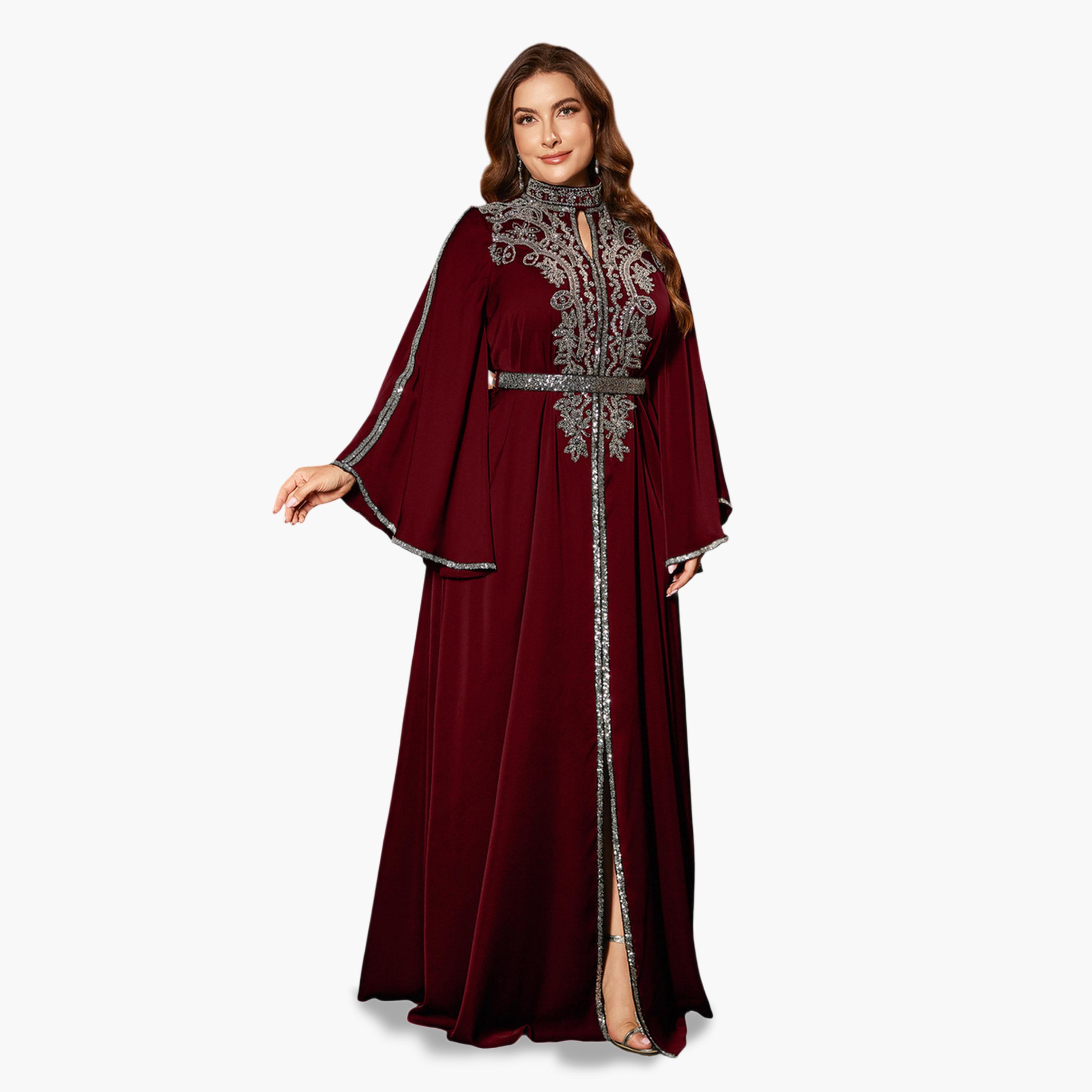 يونيثورس × ستايلي - فستان ماكسي كبير الحجم بلون برغندي مزين بالترتر وأكمام واسعة-women-clothing-dresses-image-5
