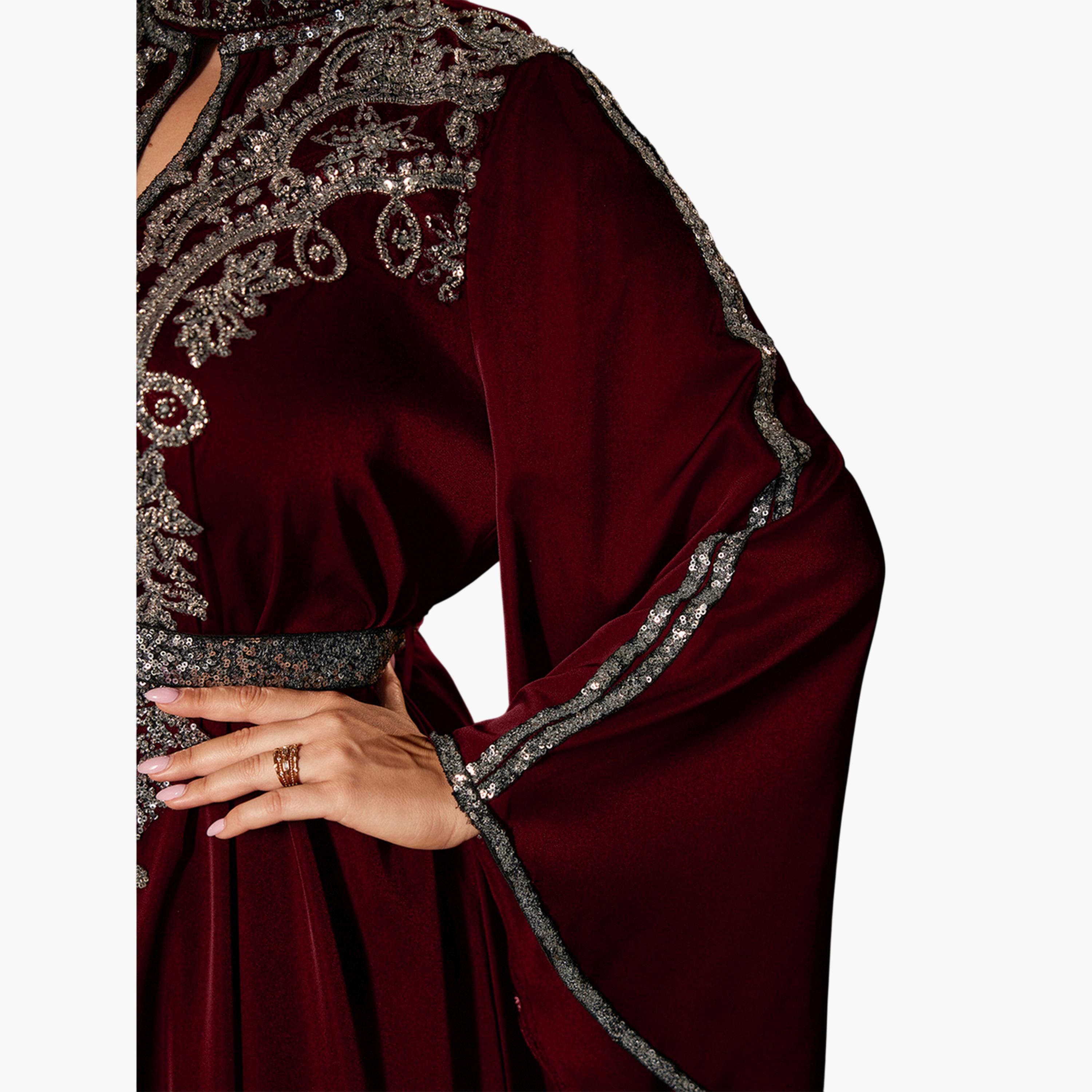 يونيثورس × ستايلي - فستان ماكسي كبير الحجم بلون برغندي مزين بالترتر وأكمام واسعة-women-clothing-dresses-image-6