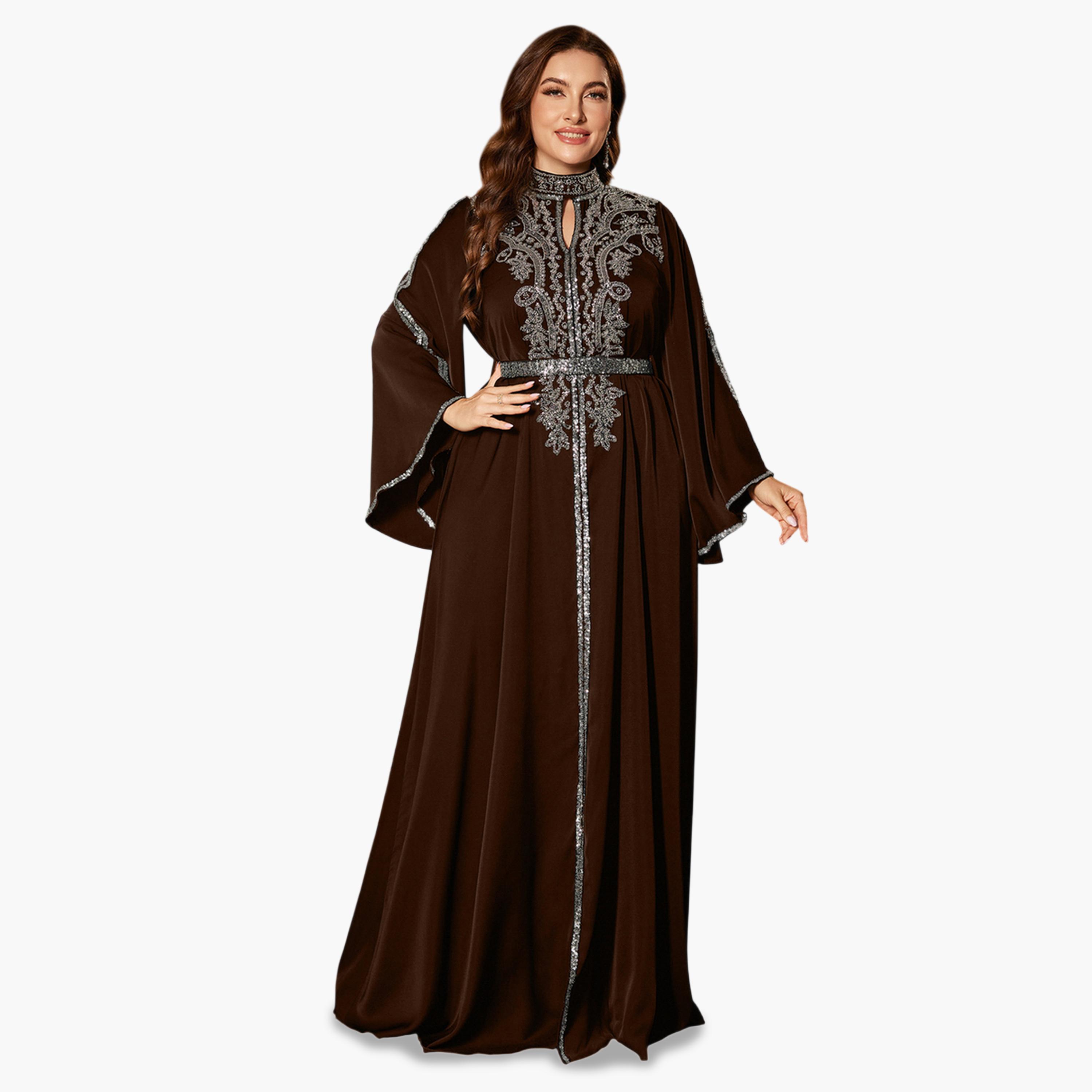 UNITHORSE X Styli Plus Size Brown Sequin Maxi Dress with Bell Sleeves-women-clothing-dresses-image-1
