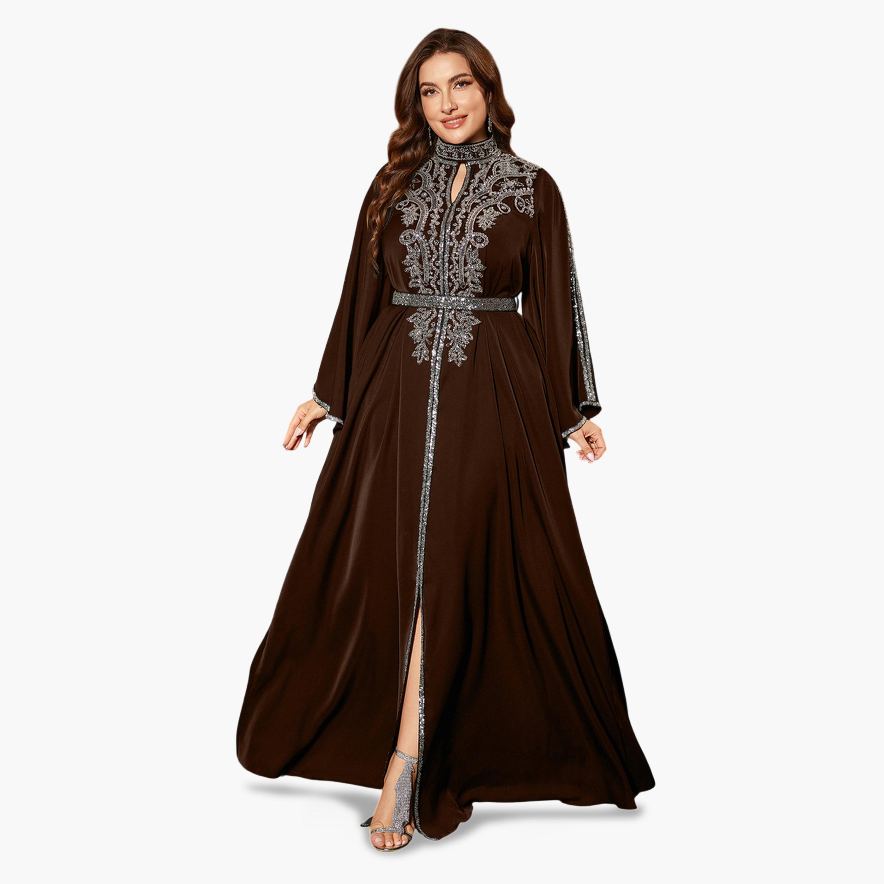 UNITHORSE X Styli Plus Size Brown Sequin Maxi Dress with Bell Sleeves-women-clothing-dresses-image-3
