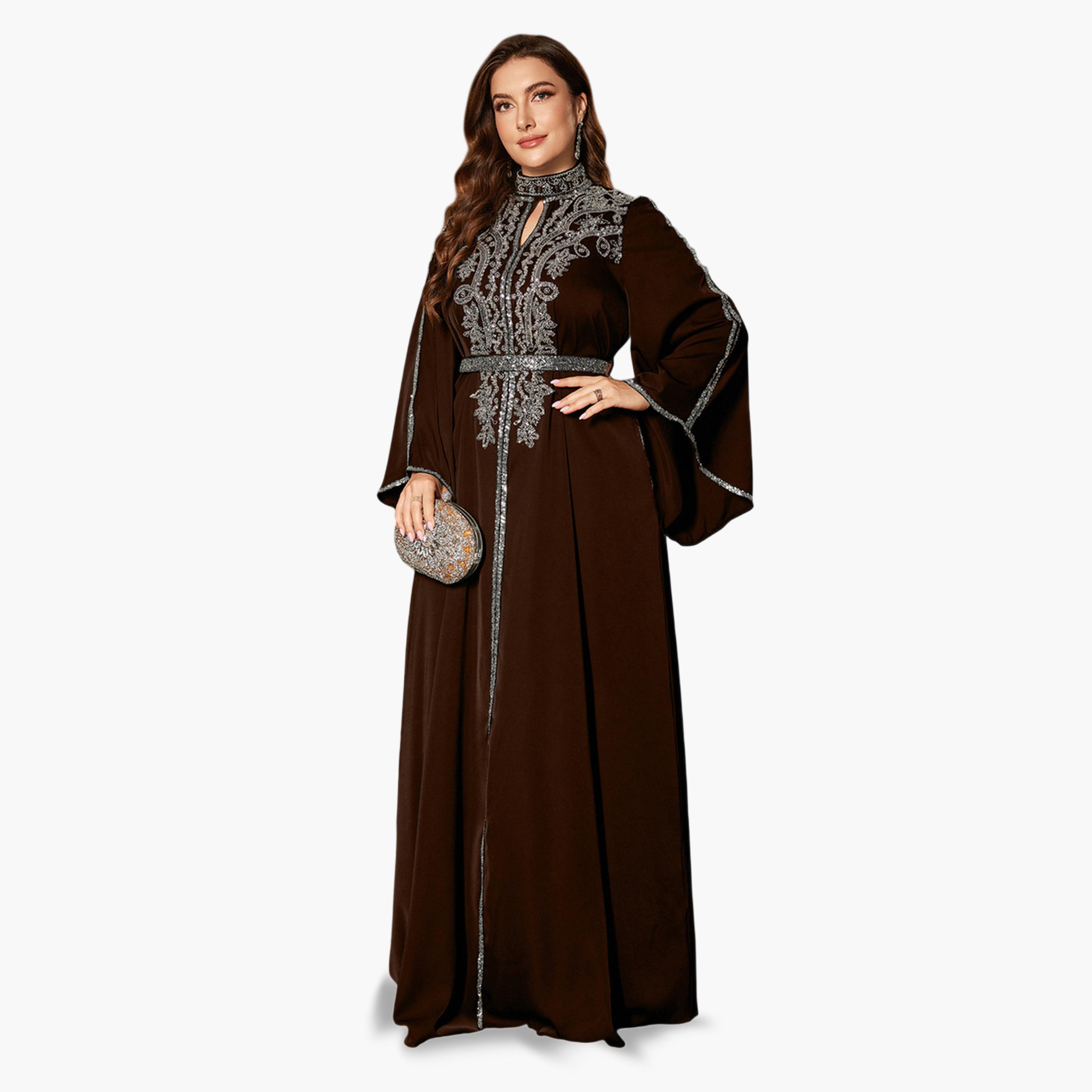 UNITHORSE X Styli Plus Size Brown Sequin Maxi Dress with Bell Sleeves-women-clothing-dresses-image-4