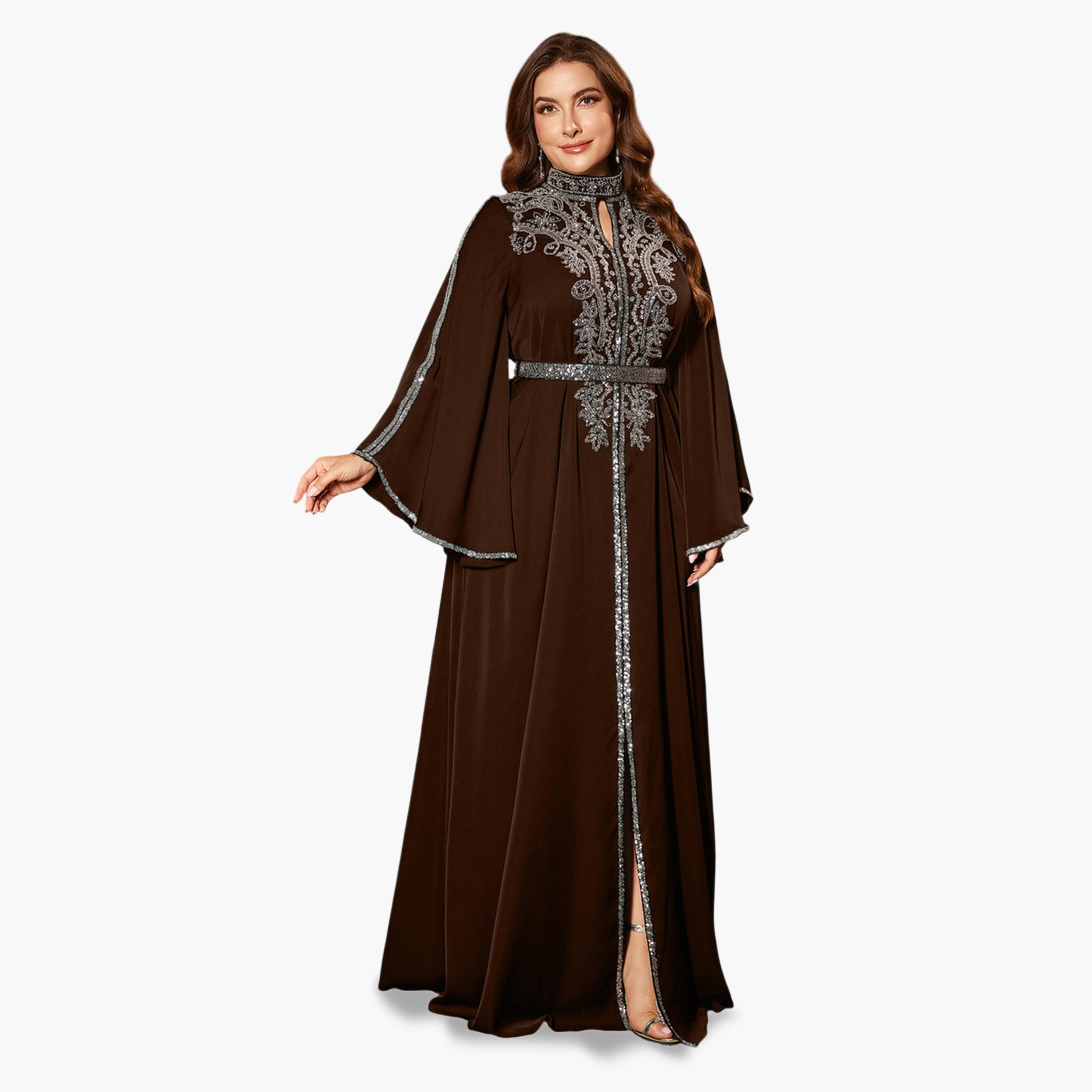 UNITHORSE X Styli Plus Size Brown Sequin Maxi Dress with Bell Sleeves-women-clothing-dresses-image-5