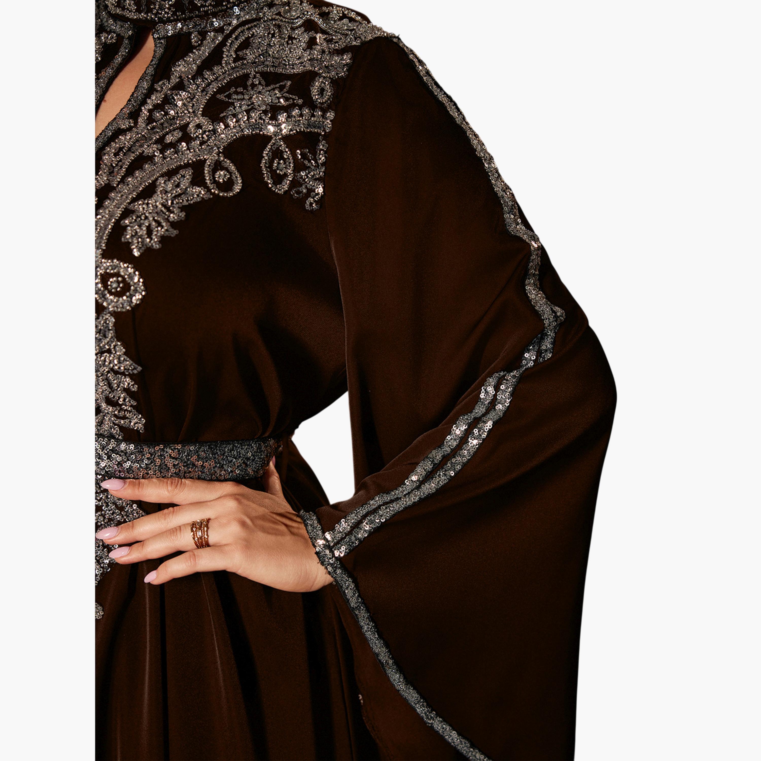 UNITHORSE X Styli Plus Size Brown Sequin Maxi Dress with Bell Sleeves-women-clothing-dresses-image-6
