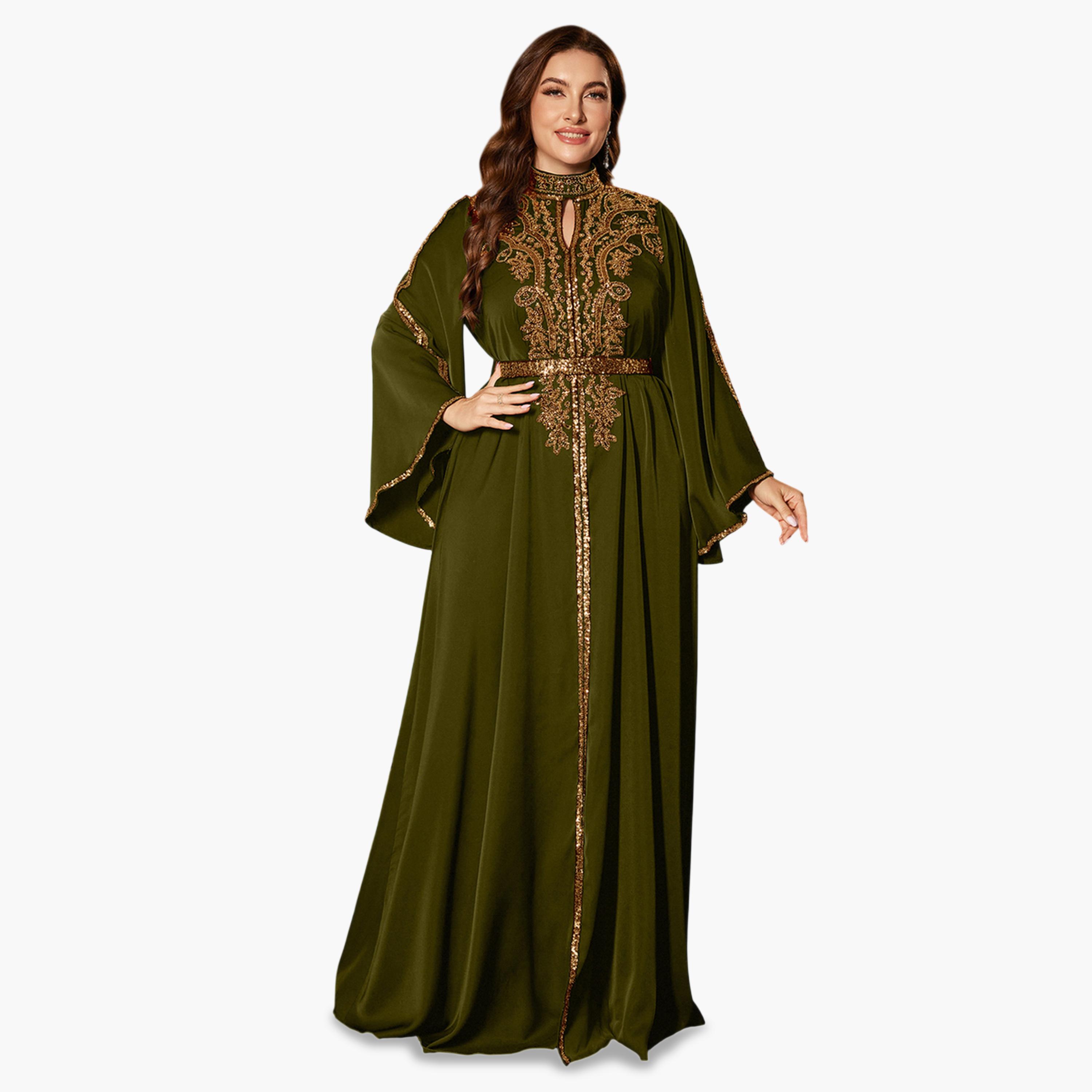 يونيثورس × ستايلي - فستان ماكسي زيتوني اللون مزين بالترتر بأكمام واسعة، مقاس واسع-women-clothing-dresses-image-1