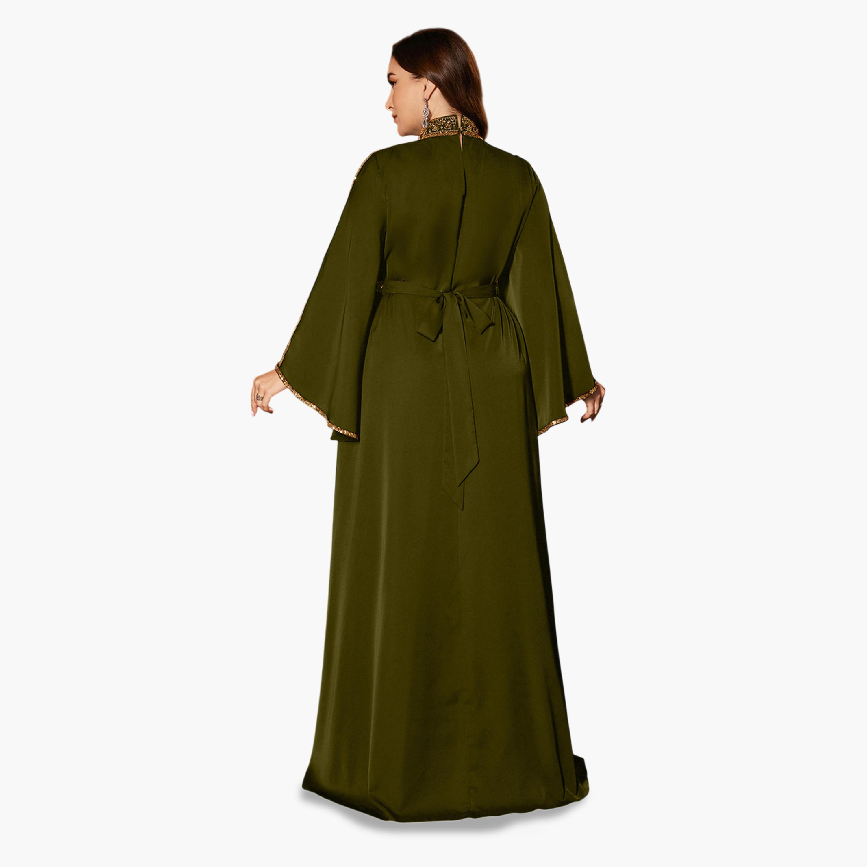 يونيثورس × ستايلي - فستان ماكسي زيتوني اللون مزين بالترتر بأكمام واسعة، مقاس واسع-women-clothing-dresses-image-2