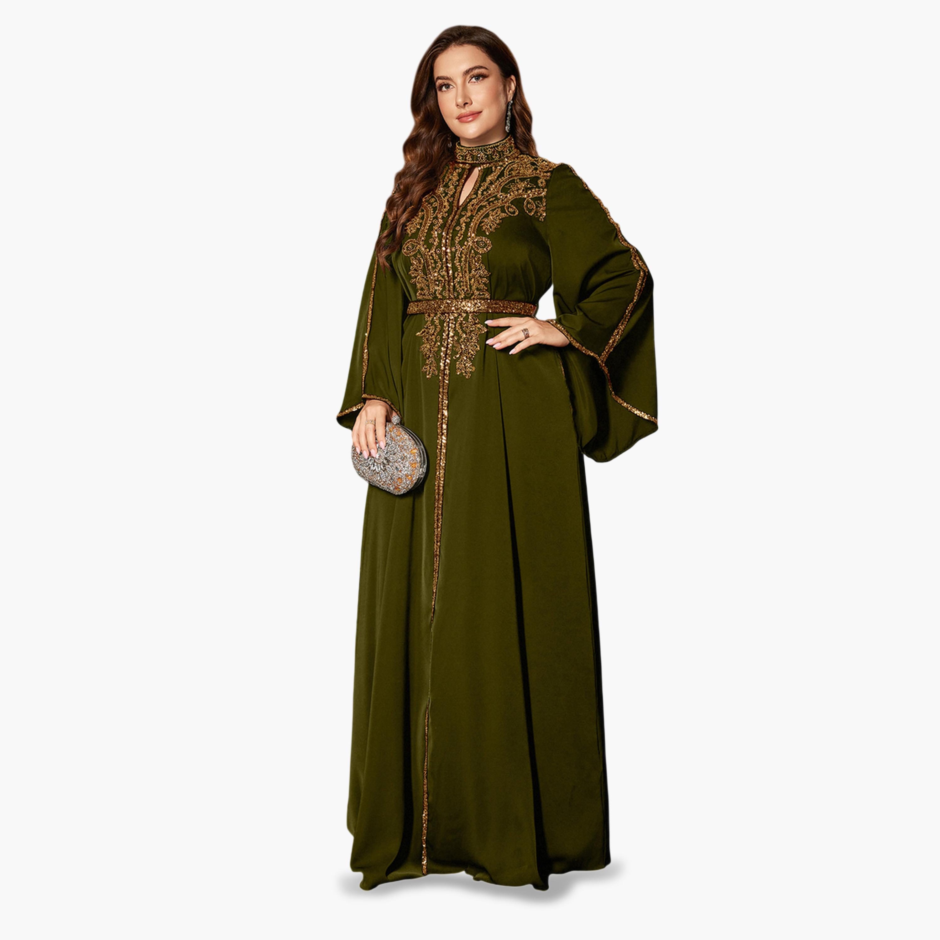 يونيثورس × ستايلي - فستان ماكسي زيتوني اللون مزين بالترتر بأكمام واسعة، مقاس واسع-women-clothing-dresses-image-3