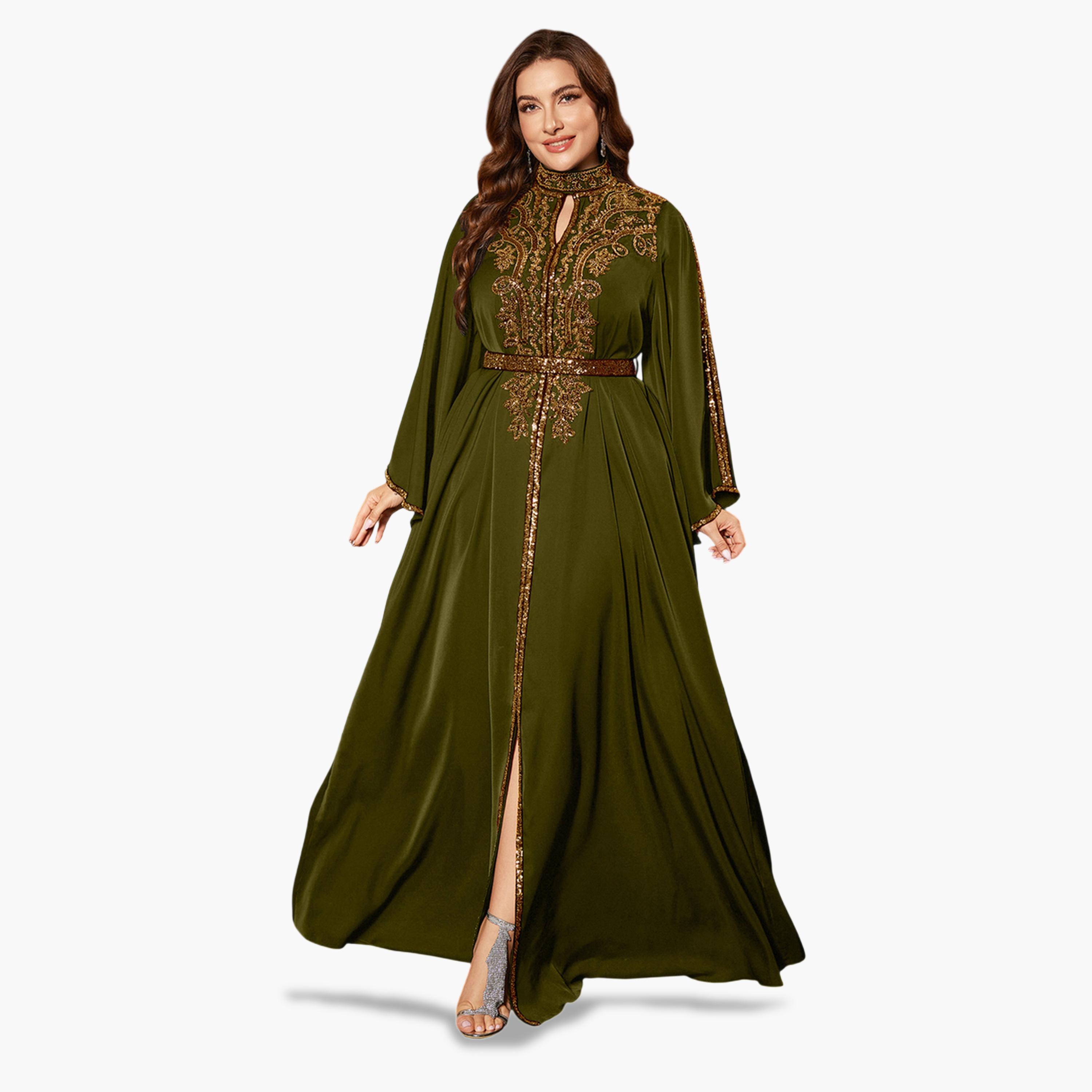 يونيثورس × ستايلي - فستان ماكسي زيتوني اللون مزين بالترتر بأكمام واسعة، مقاس واسع-women-clothing-dresses-image-4