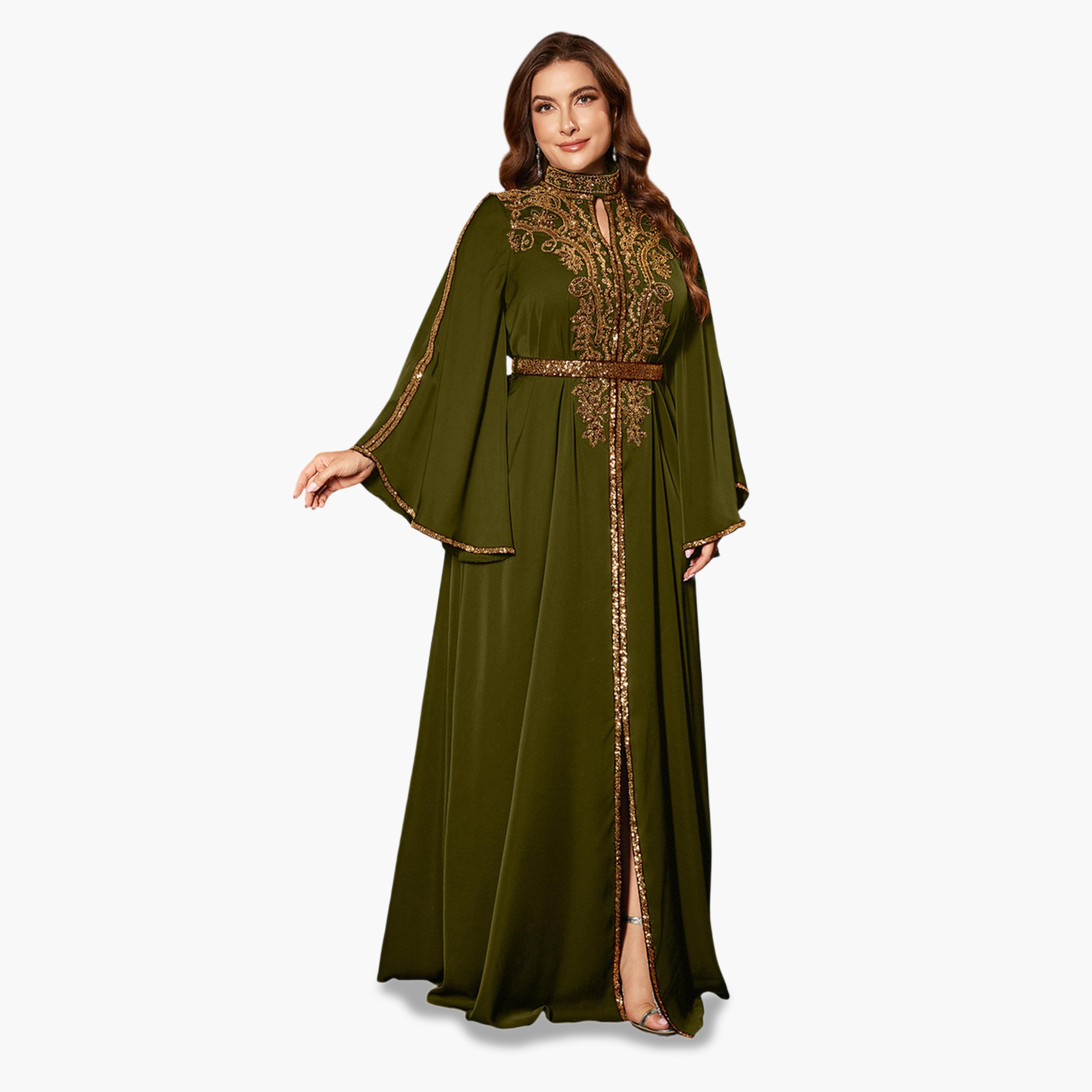 يونيثورس × ستايلي - فستان ماكسي زيتوني اللون مزين بالترتر بأكمام واسعة، مقاس واسع-women-clothing-dresses-image-5