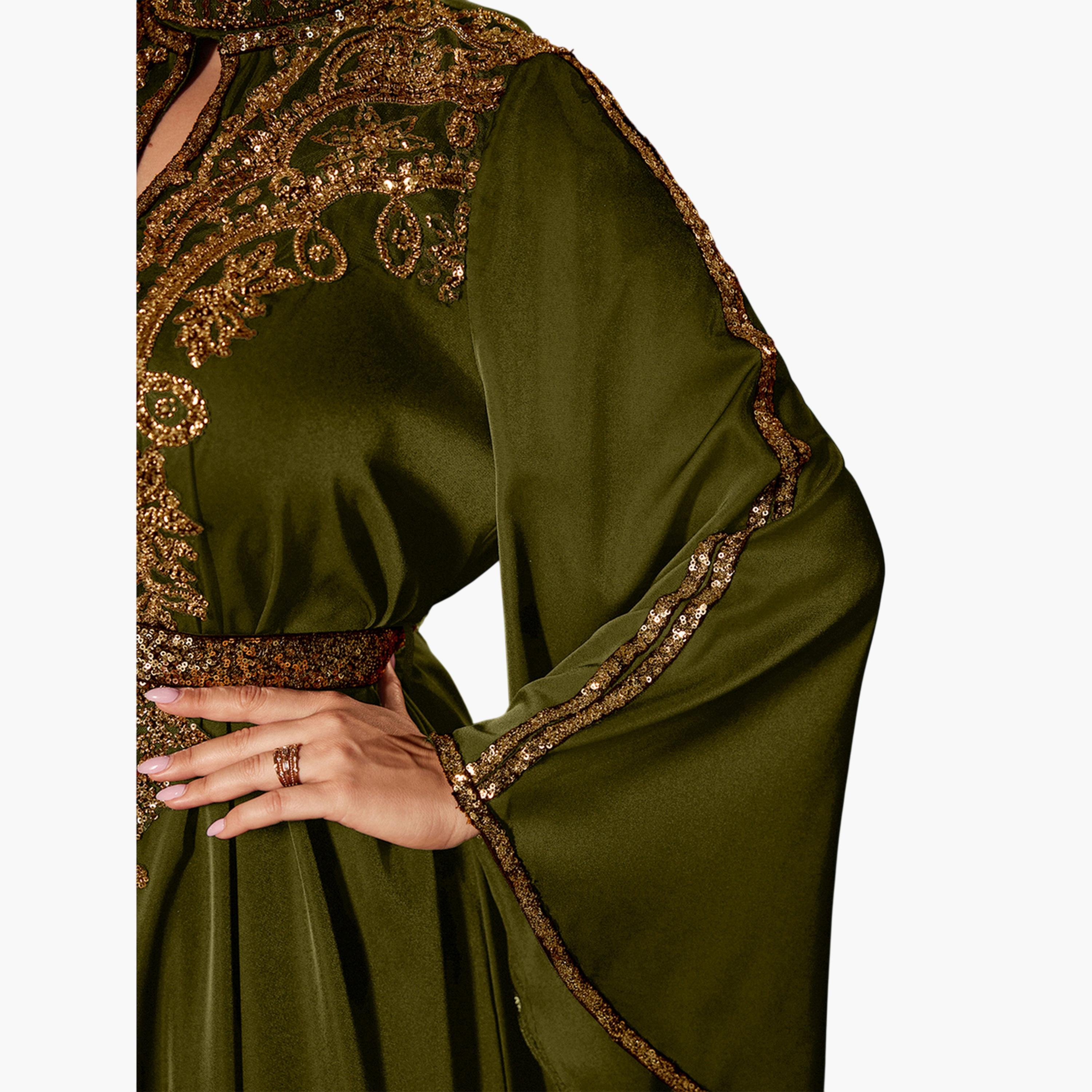يونيثورس × ستايلي - فستان ماكسي زيتوني اللون مزين بالترتر بأكمام واسعة، مقاس واسع-women-clothing-dresses-image-6