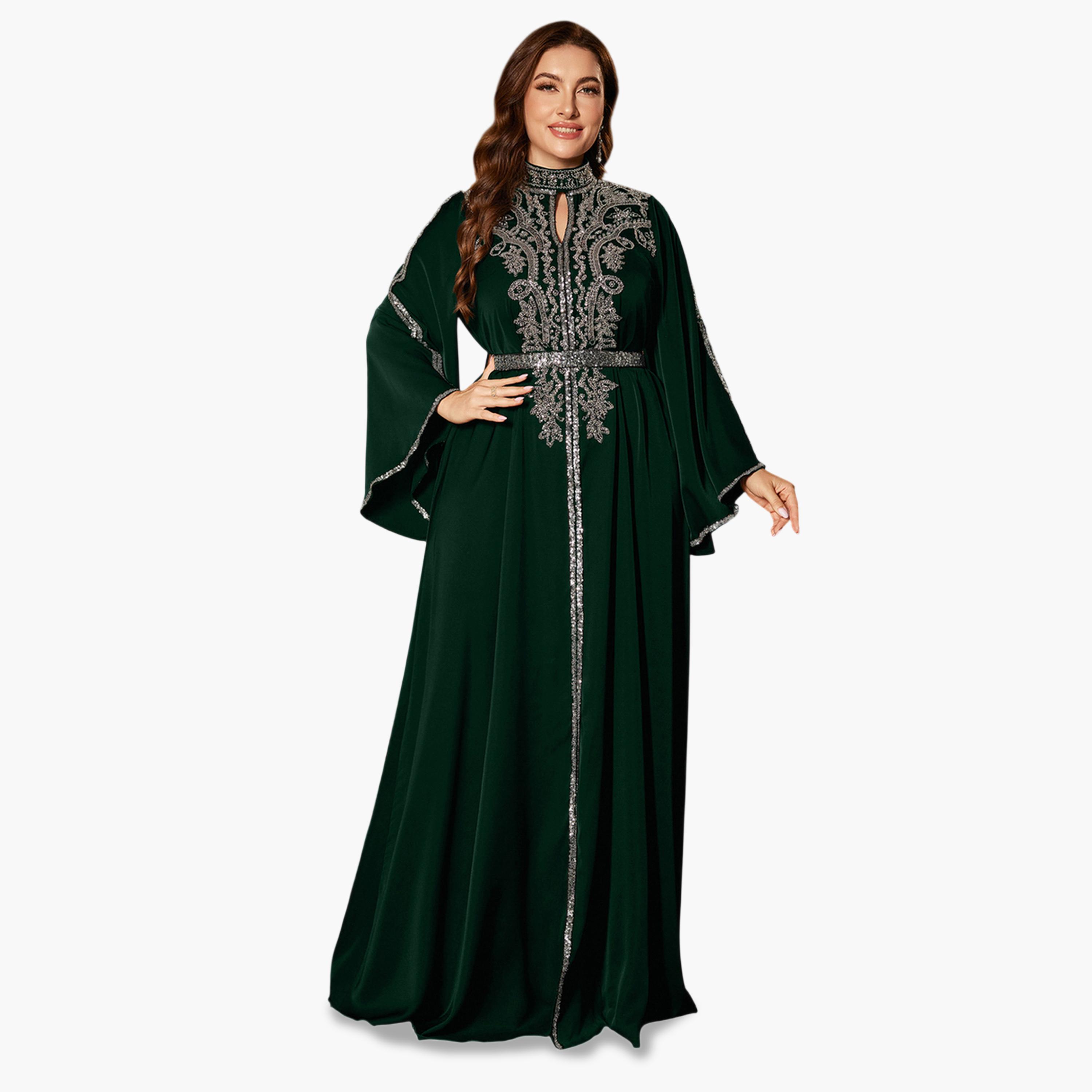 UNITHORSE X Styli Plus Size Dark Green Sequin Maxi Dress with Bell Sleeves-women-clothing-dresses-image-1