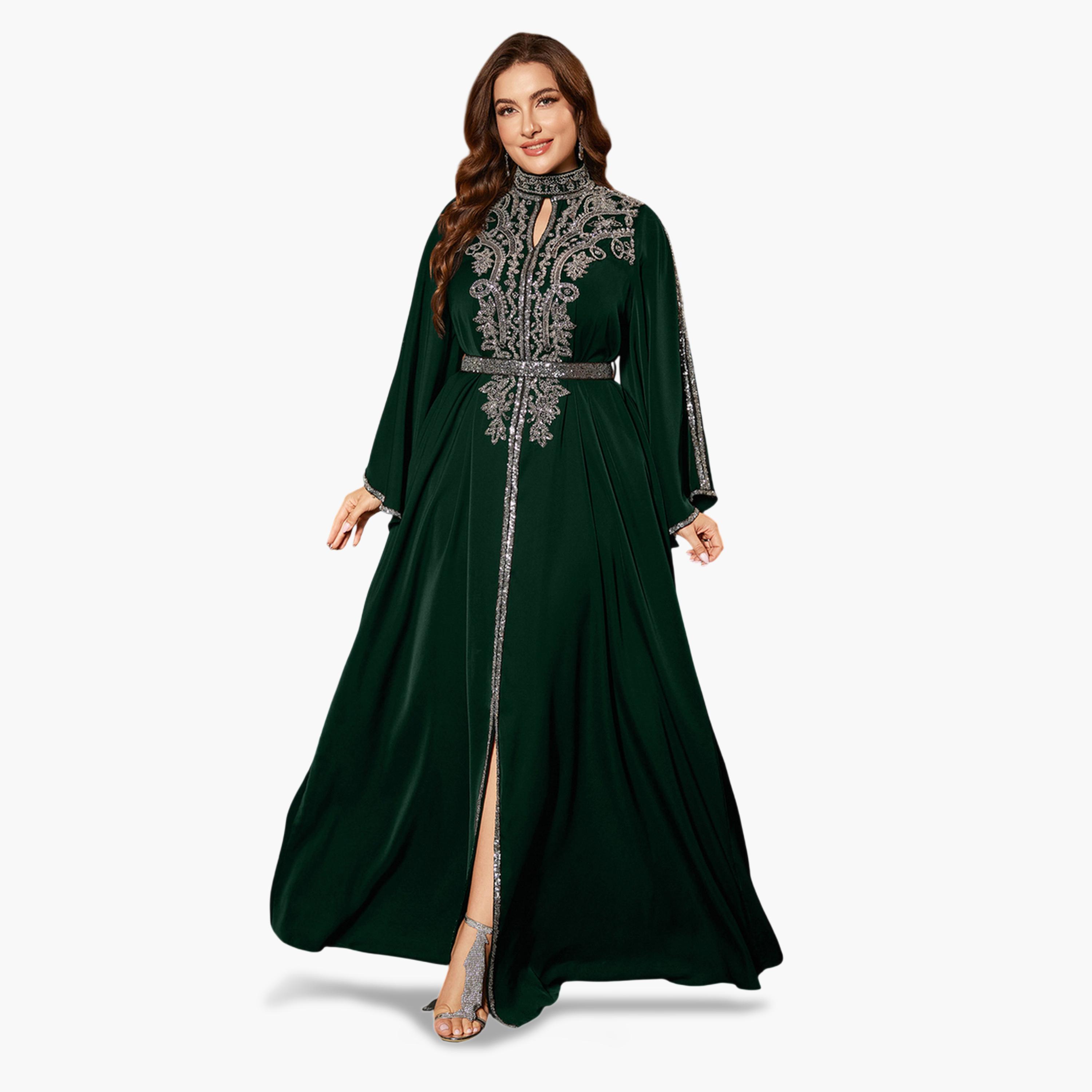 UNITHORSE X Styli Plus Size Dark Green Sequin Maxi Dress with Bell Sleeves-women-clothing-dresses-image-3