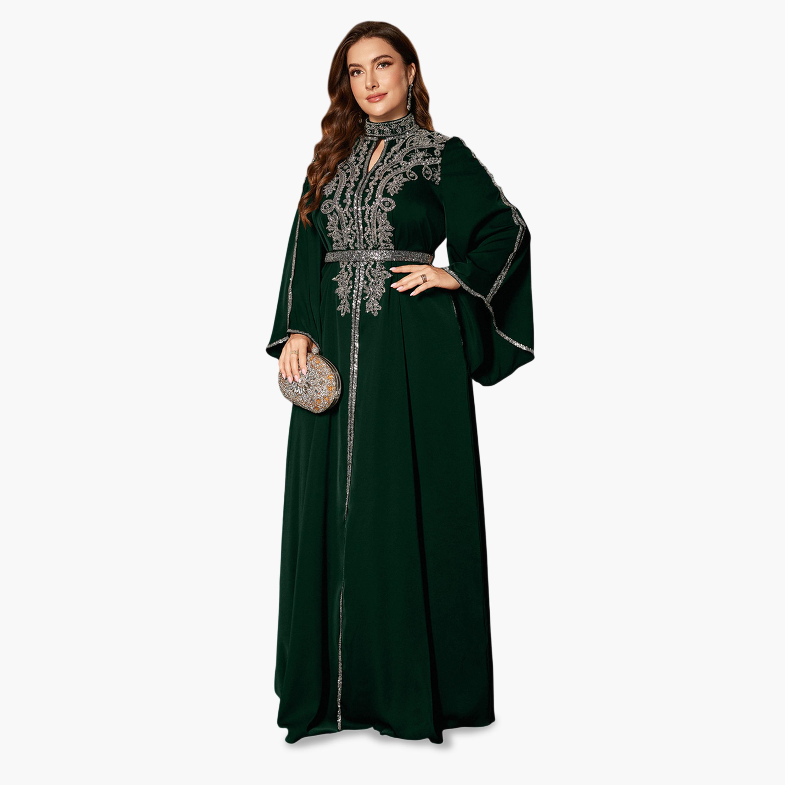 UNITHORSE X Styli Plus Size Dark Green Sequin Maxi Dress with Bell Sleeves-women-clothing-dresses-image-4