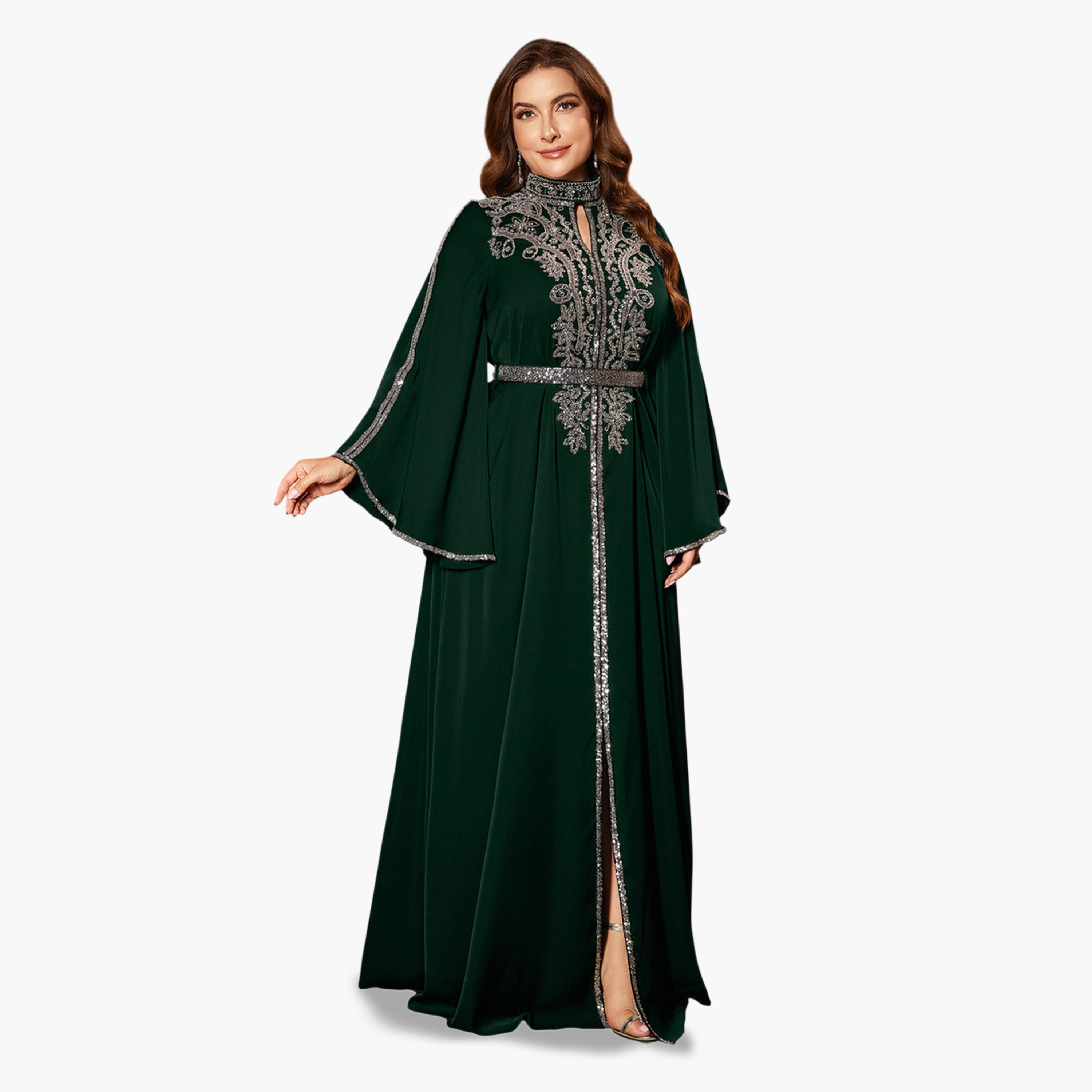 UNITHORSE X Styli Plus Size Dark Green Sequin Maxi Dress with Bell Sleeves-women-clothing-dresses-image-5
