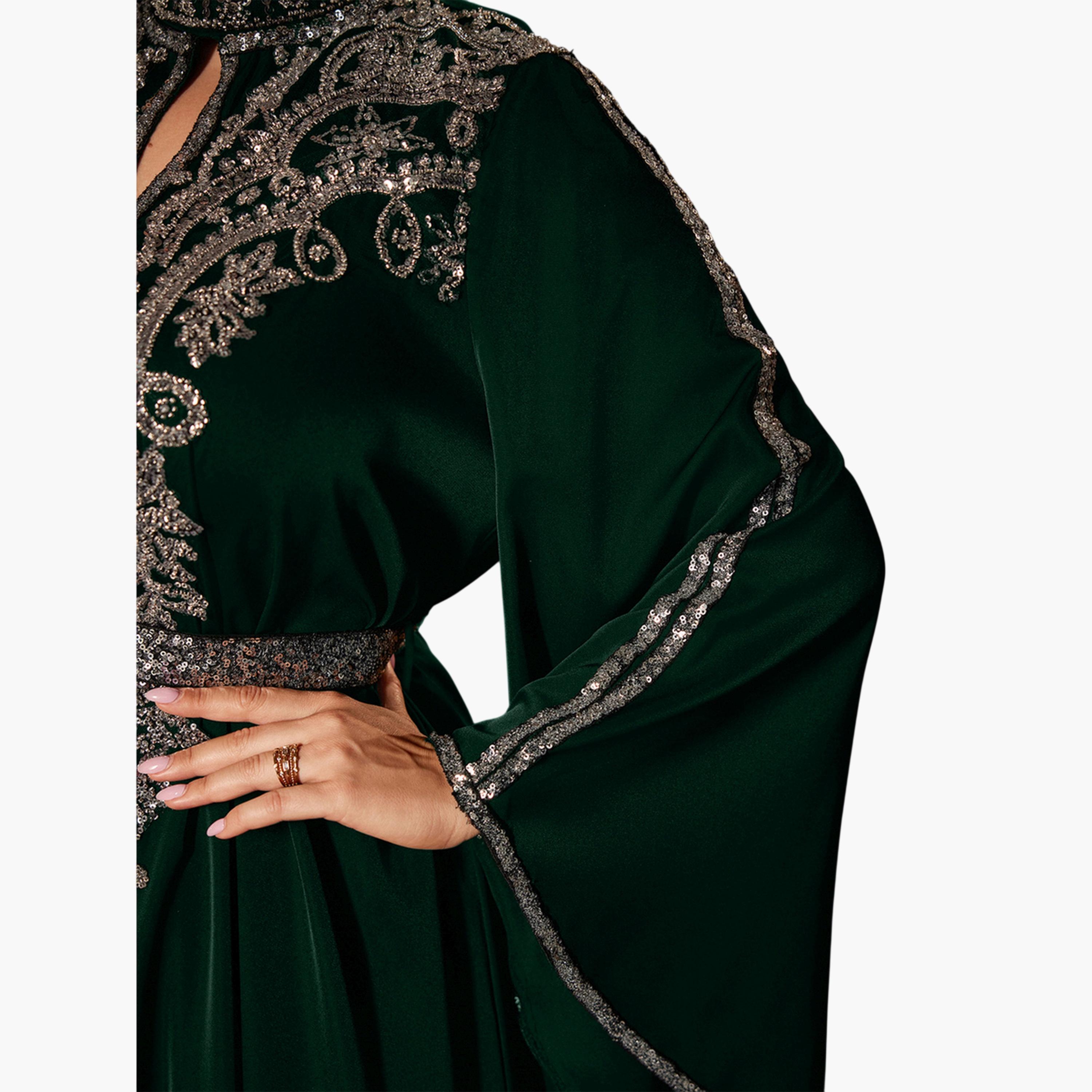 UNITHORSE X Styli Plus Size Dark Green Sequin Maxi Dress with Bell Sleeves-women-clothing-dresses-image-6