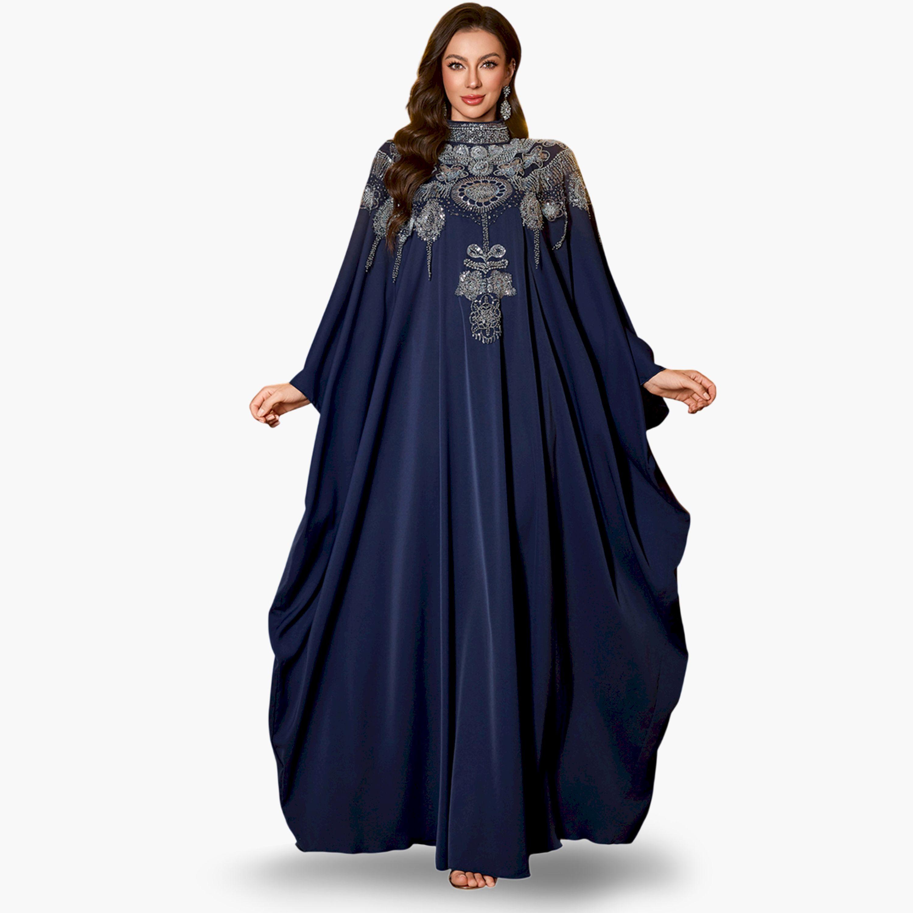 UNITHORSE X Styli Navy Blue Batwing Sleeve Embellished Kaftan-women-arabicclothing-kaftan-image-1