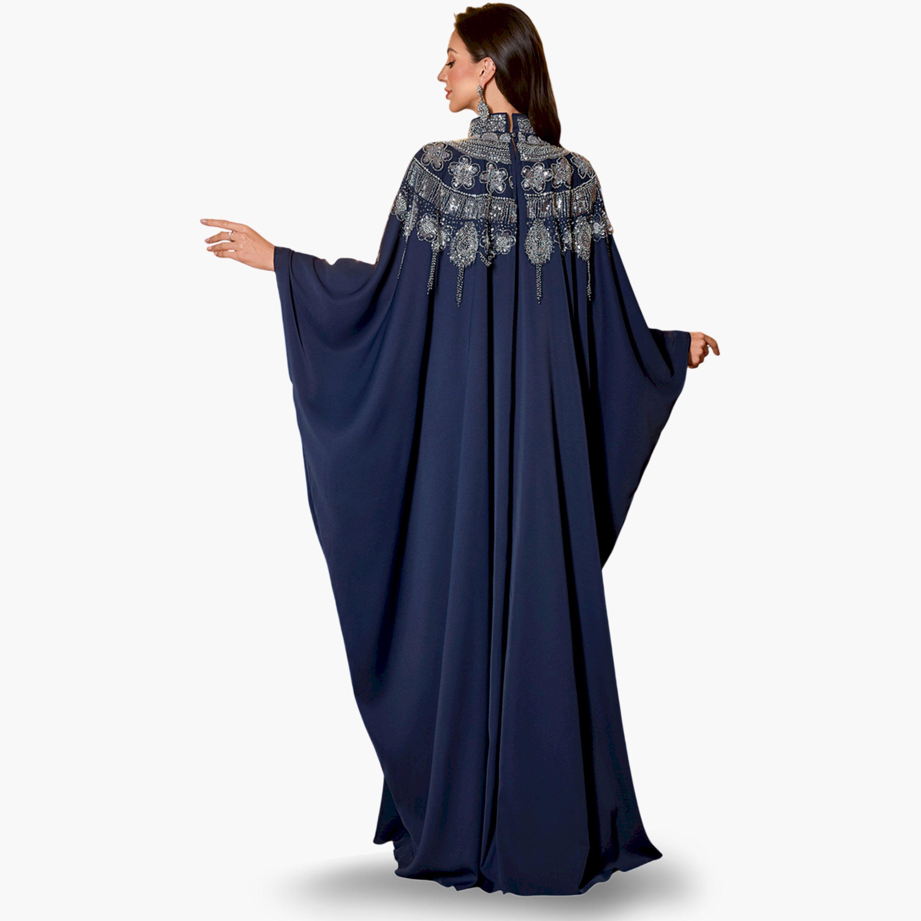 UNITHORSE X Styli Navy Blue Batwing Sleeve Embellished Kaftan-women-arabicclothing-kaftan-image-2
