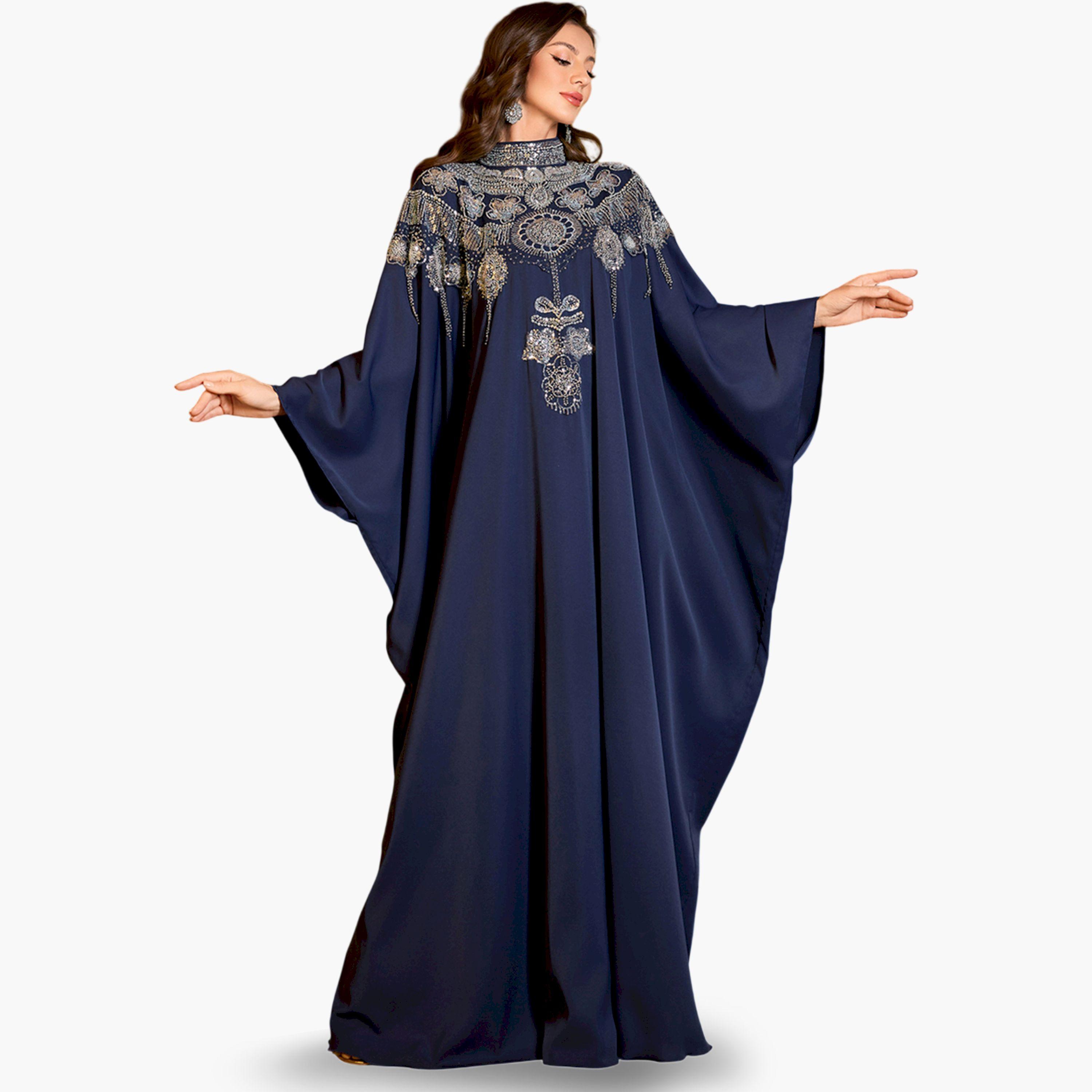 UNITHORSE X Styli Navy Blue Batwing Sleeve Embellished Kaftan-women-arabicclothing-kaftan-image-3
