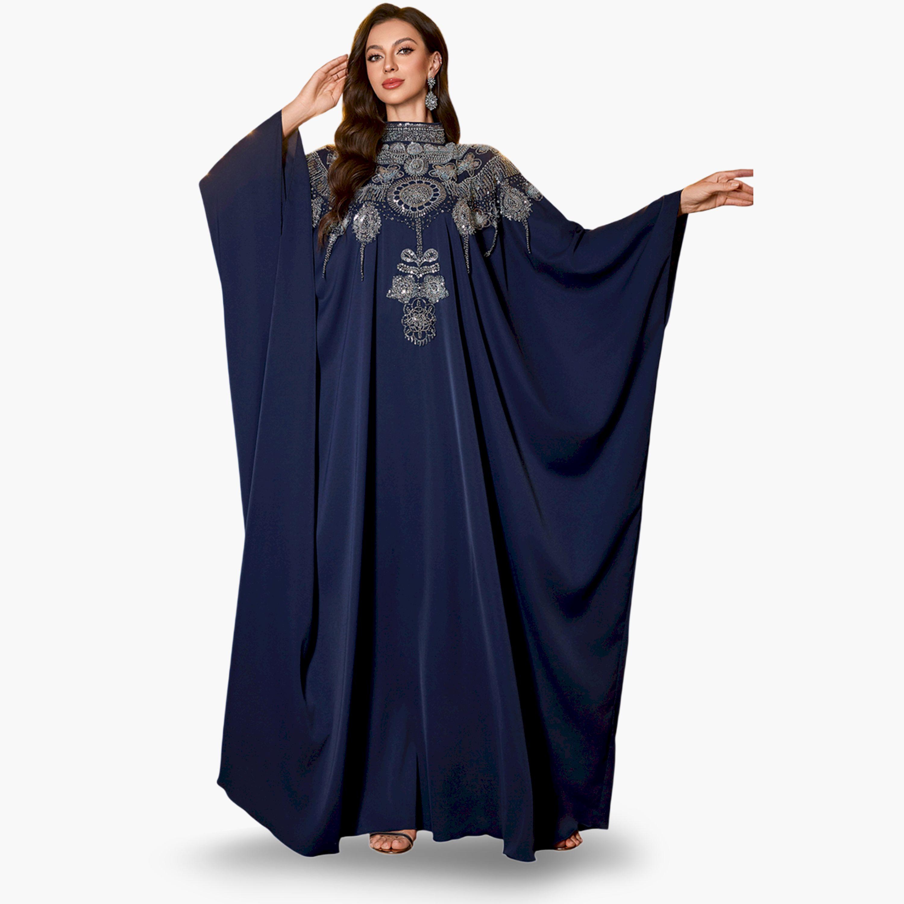 UNITHORSE X Styli Navy Blue Batwing Sleeve Embellished Kaftan-women-arabicclothing-kaftan-image-4