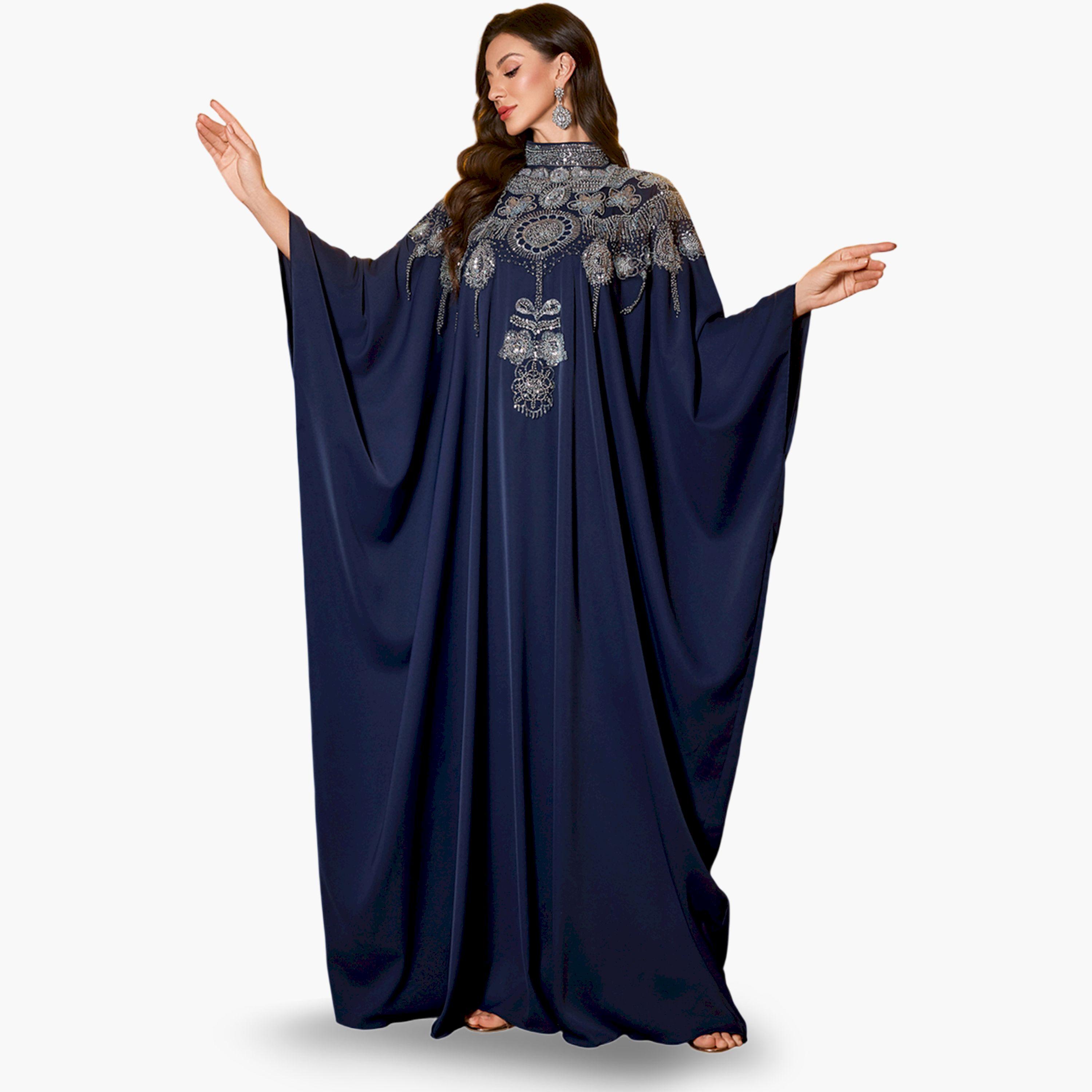 UNITHORSE X Styli Navy Blue Batwing Sleeve Embellished Kaftan-women-arabicclothing-kaftan-image-5