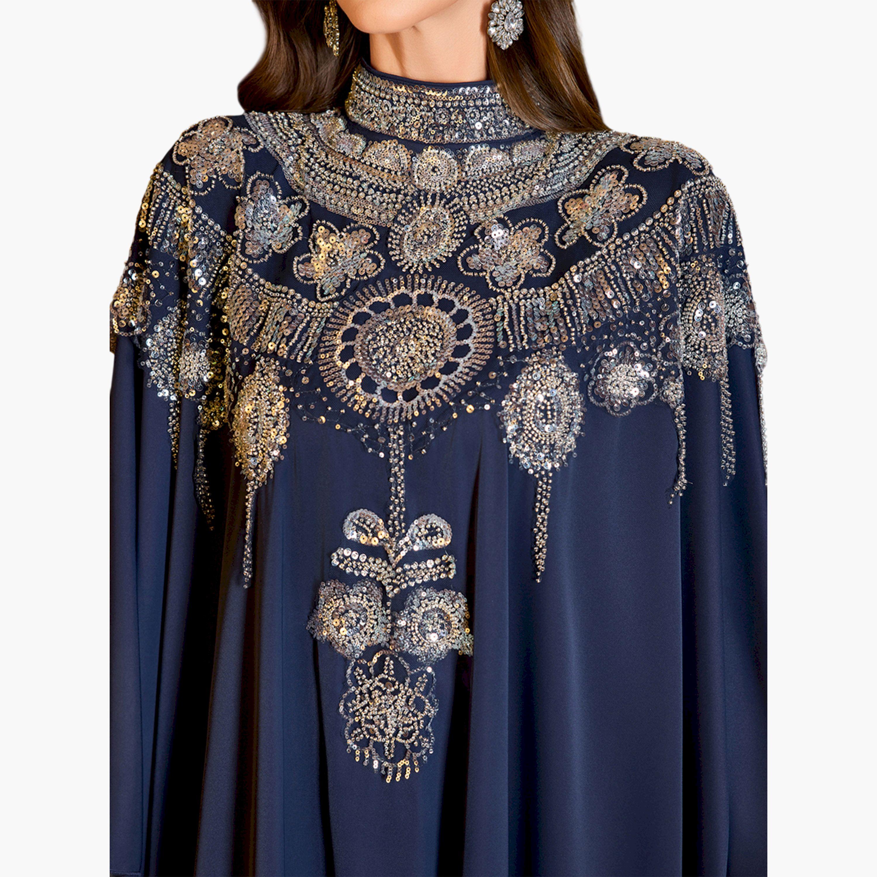 UNITHORSE X Styli Navy Blue Batwing Sleeve Embellished Kaftan-women-arabicclothing-kaftan-image-6