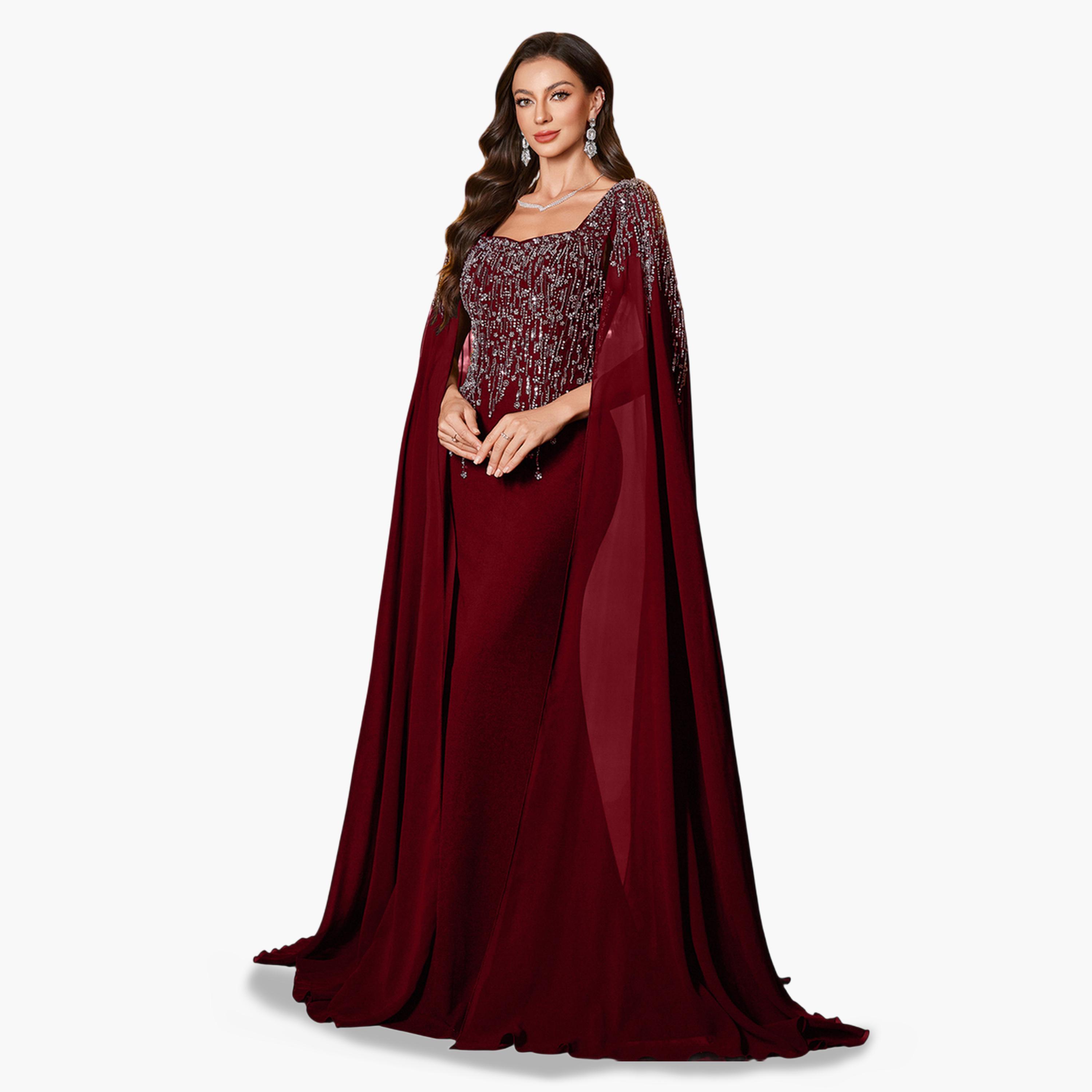 يونيثورس × ستايلي - فستان ماكسي بأكمام واسعة مزين باللون البرغندي-women-clothing-dresses-image-1