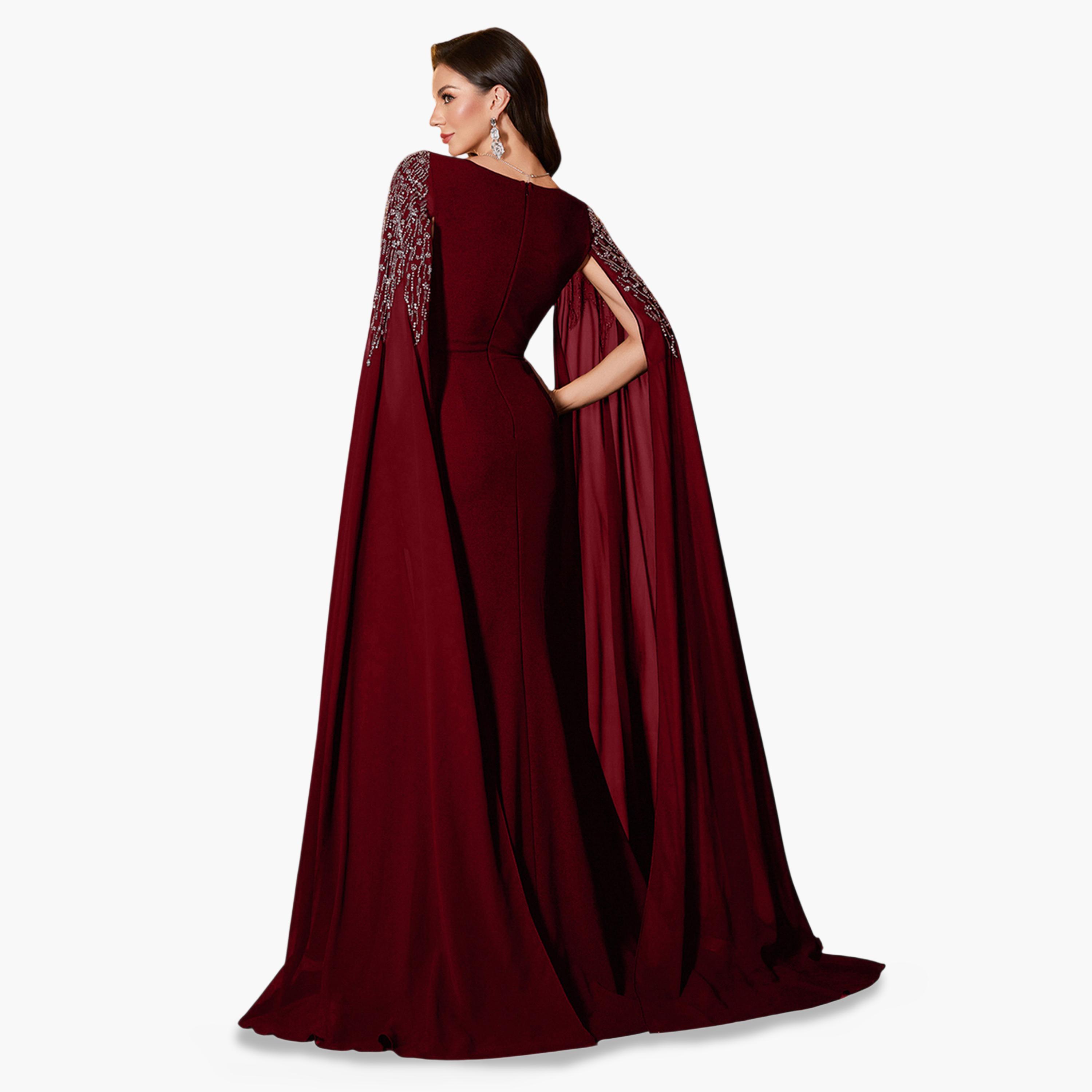 يونيثورس × ستايلي - فستان ماكسي بأكمام واسعة مزين باللون البرغندي-women-clothing-dresses-image-2