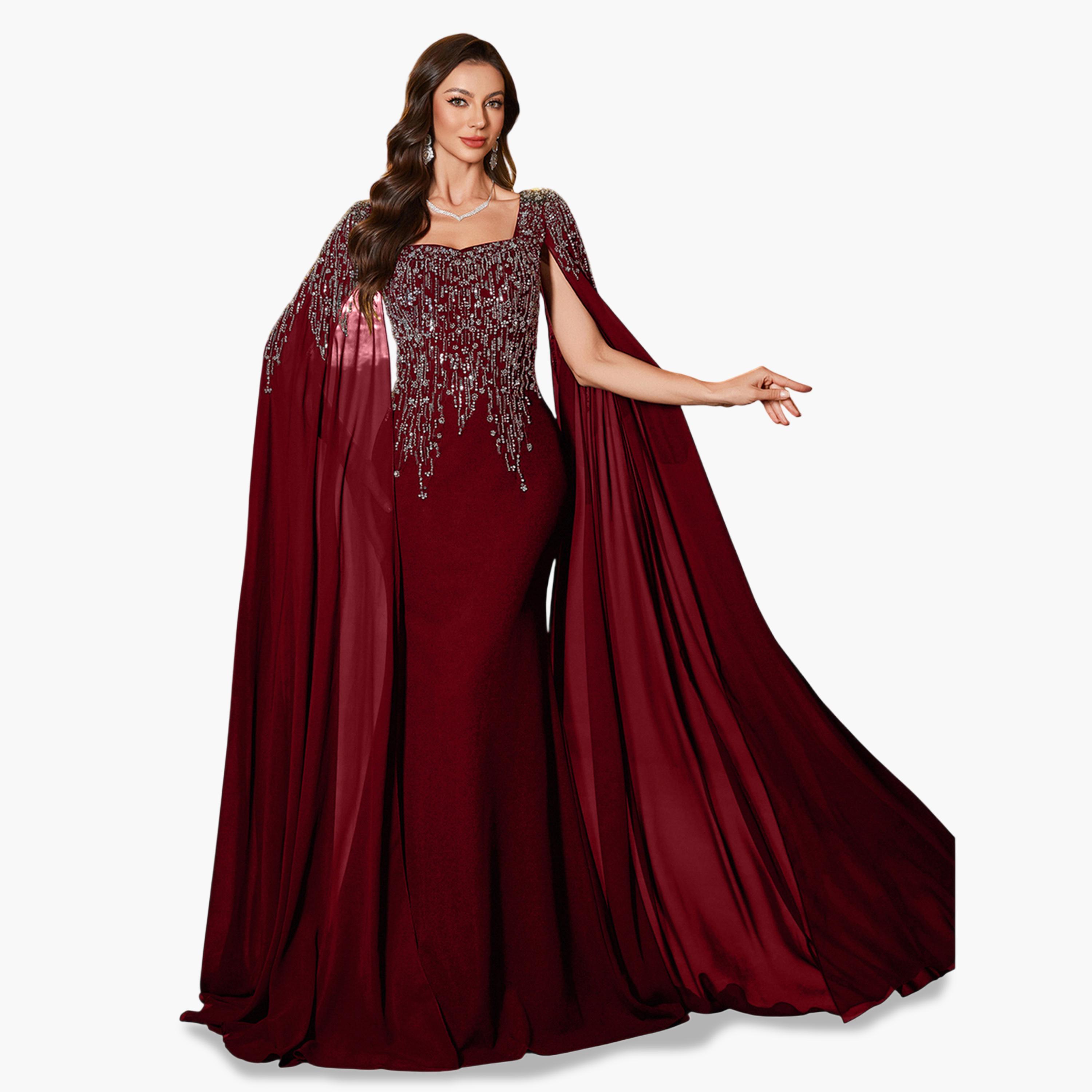 يونيثورس × ستايلي - فستان ماكسي بأكمام واسعة مزين باللون البرغندي-women-clothing-dresses-image-3