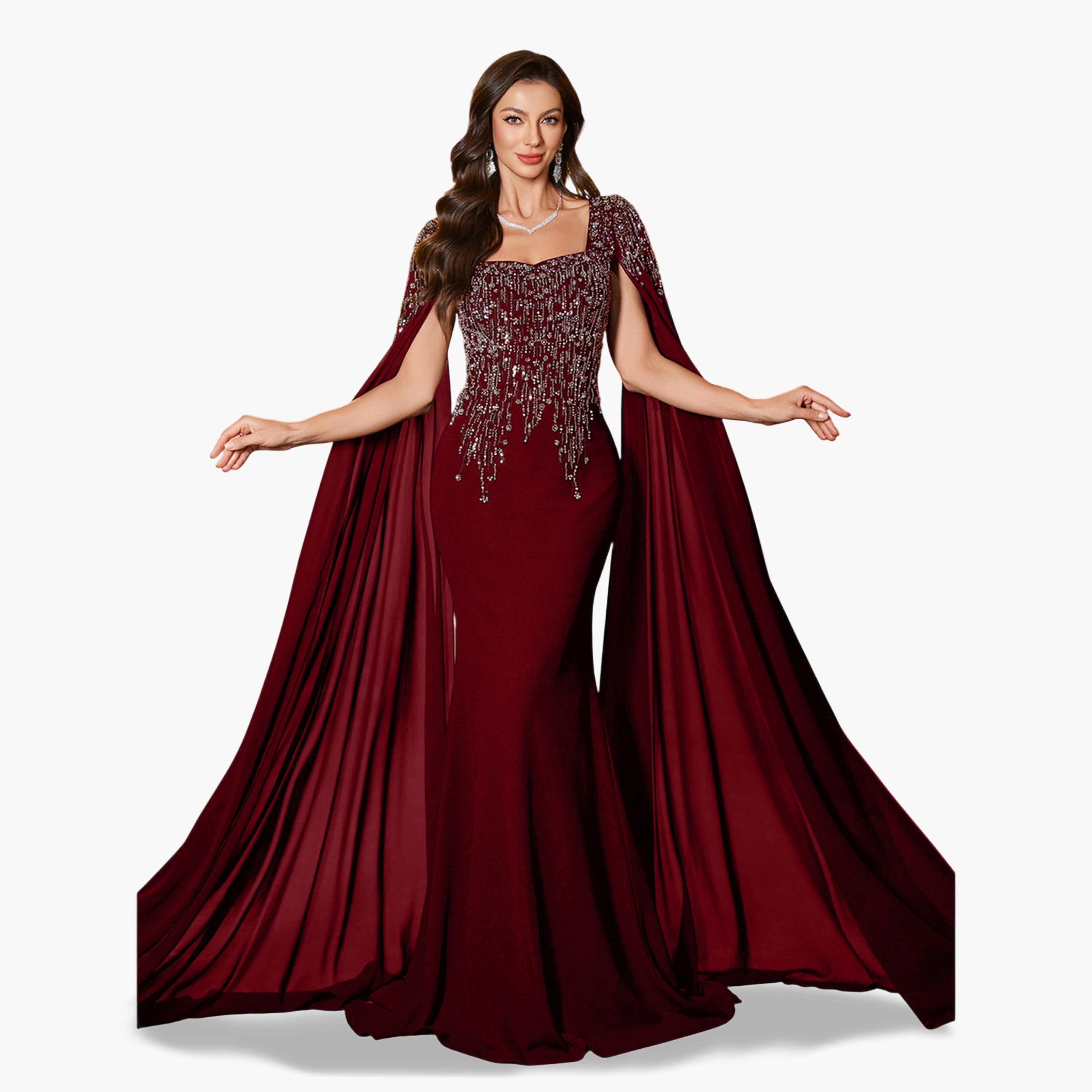 يونيثورس × ستايلي - فستان ماكسي بأكمام واسعة مزين باللون البرغندي-women-clothing-dresses-image-4