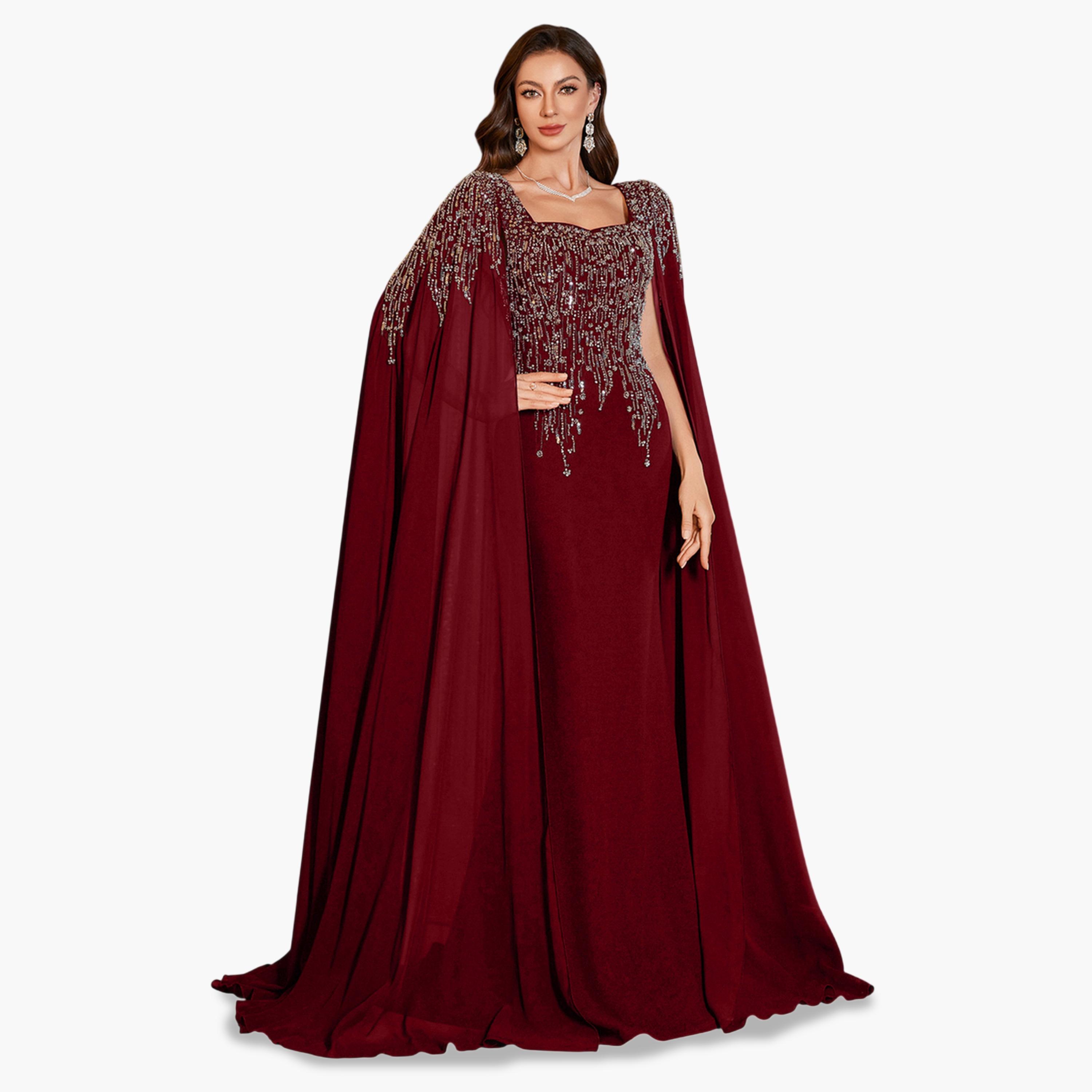 يونيثورس × ستايلي - فستان ماكسي بأكمام واسعة مزين باللون البرغندي-women-clothing-dresses-image-5