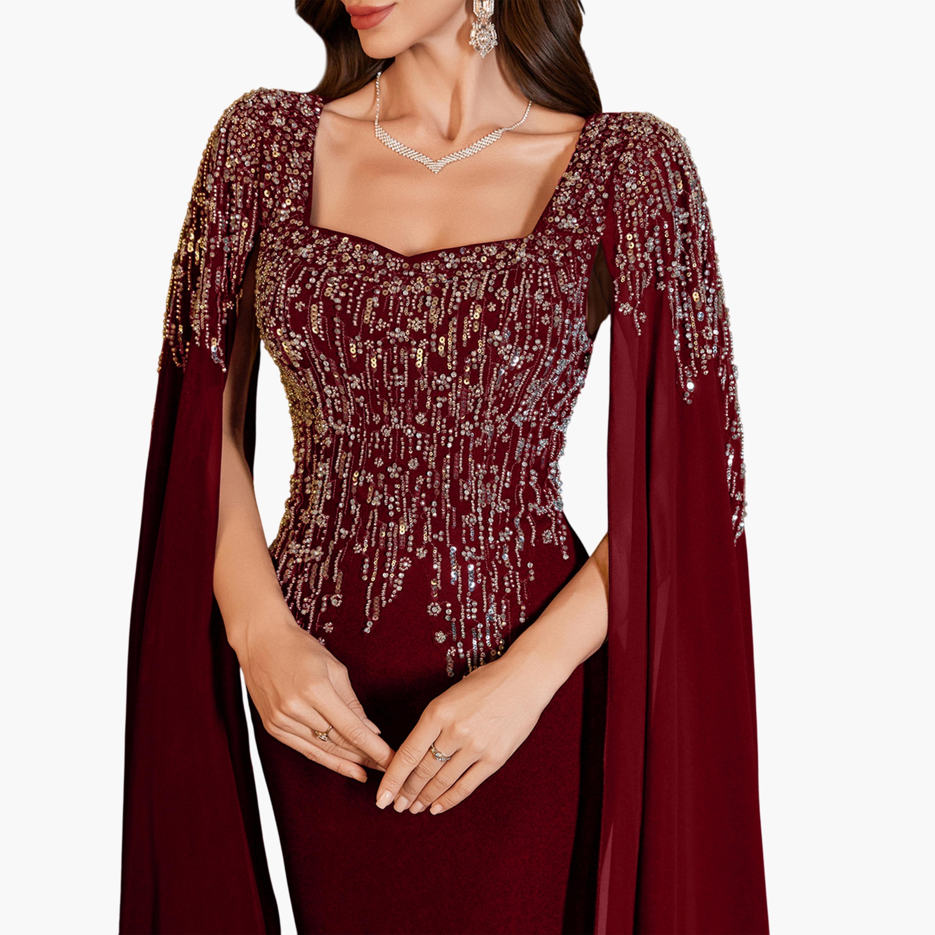 UNITHORSE X Styli Burgundy Embellished Cape Sleeve Maxi Dress-women-clothing-dresses-image-6