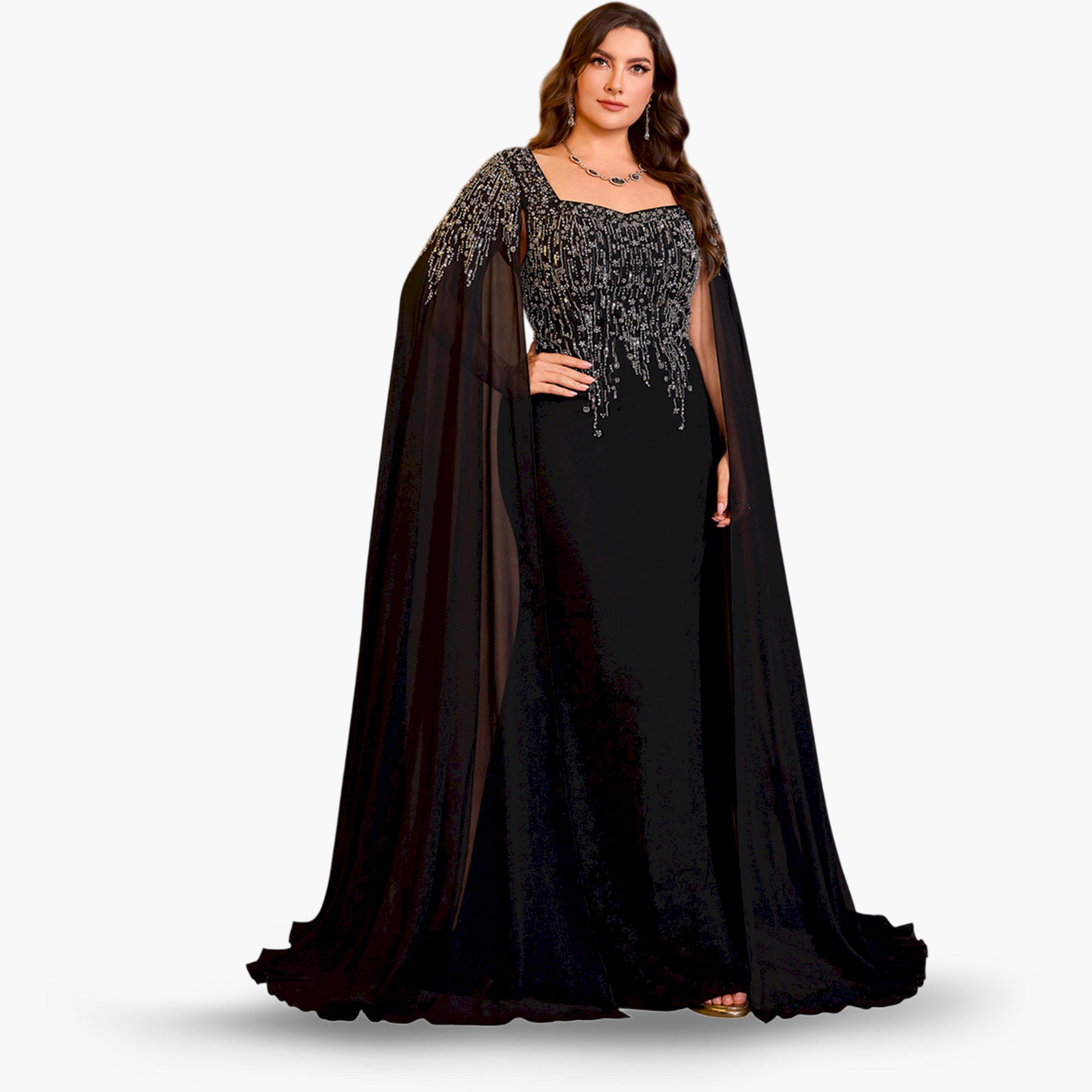 UNITHORSE X Styli Plus Size Black Embellished Cape Sleeves Maxi Dress-women-clothing-dresses-image-1