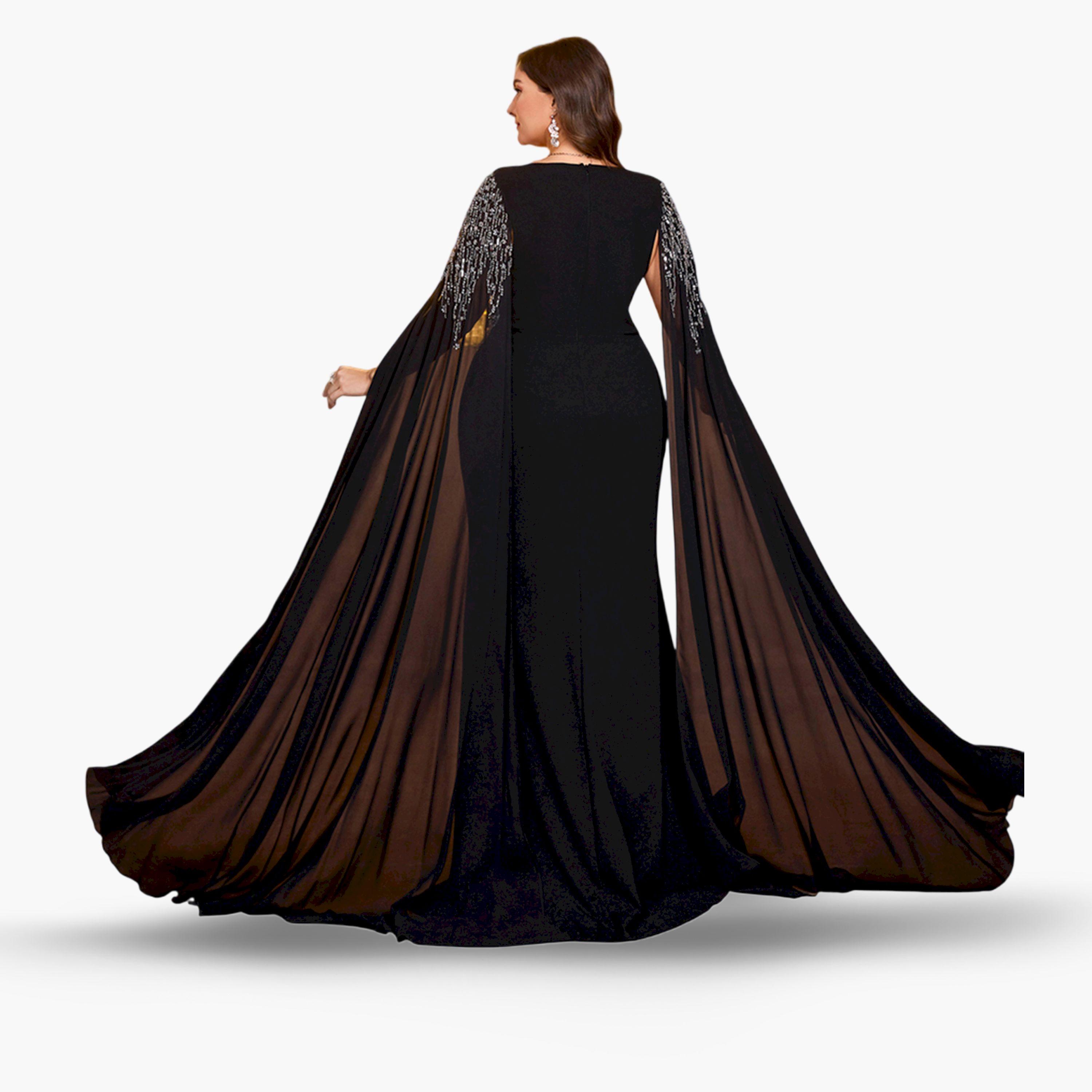 UNITHORSE X Styli Plus Size Black Embellished Cape Sleeves Maxi Dress-women-clothing-dresses-image-2