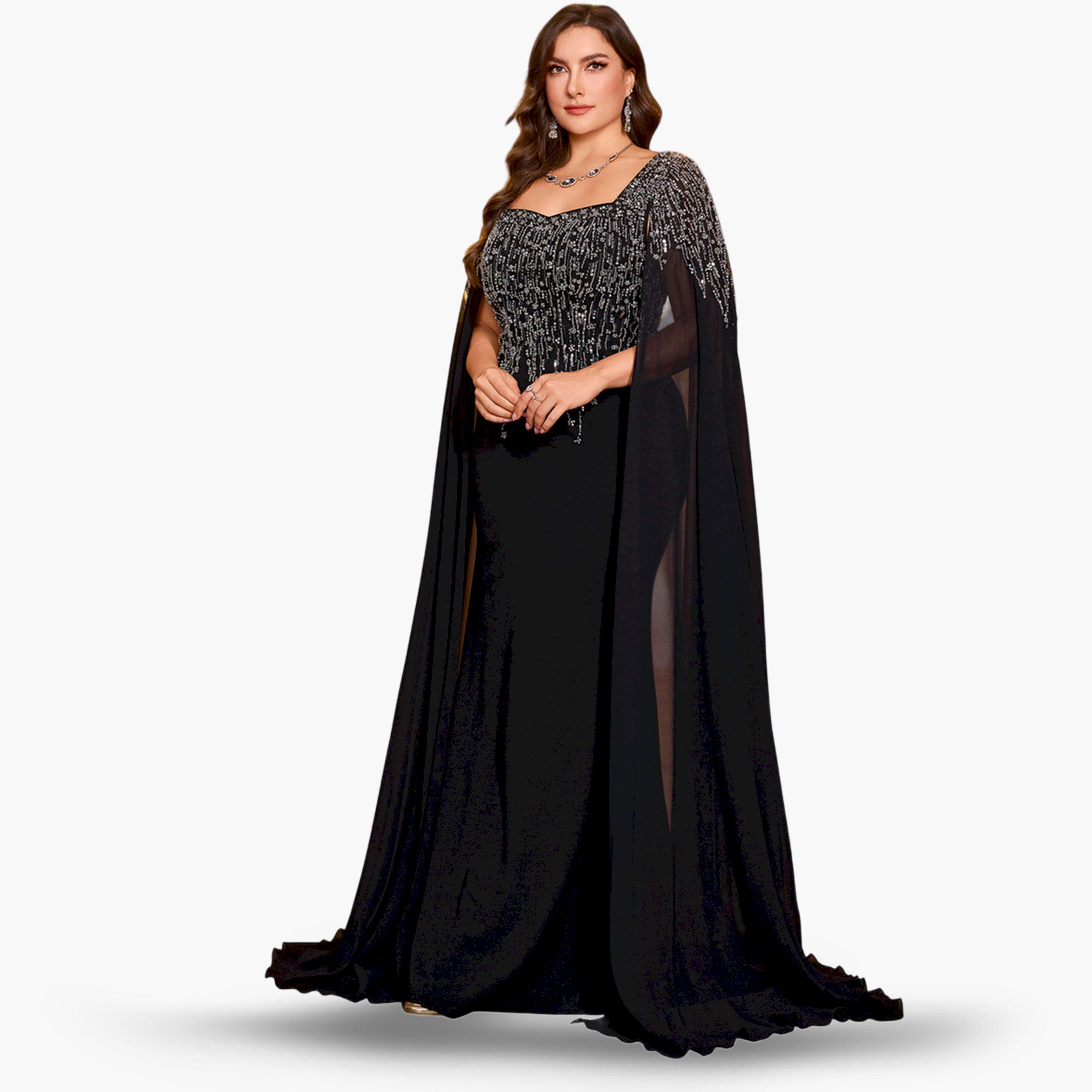 UNITHORSE X Styli Plus Size Black Embellished Cape Sleeves Maxi Dress-women-clothing-dresses-image-3