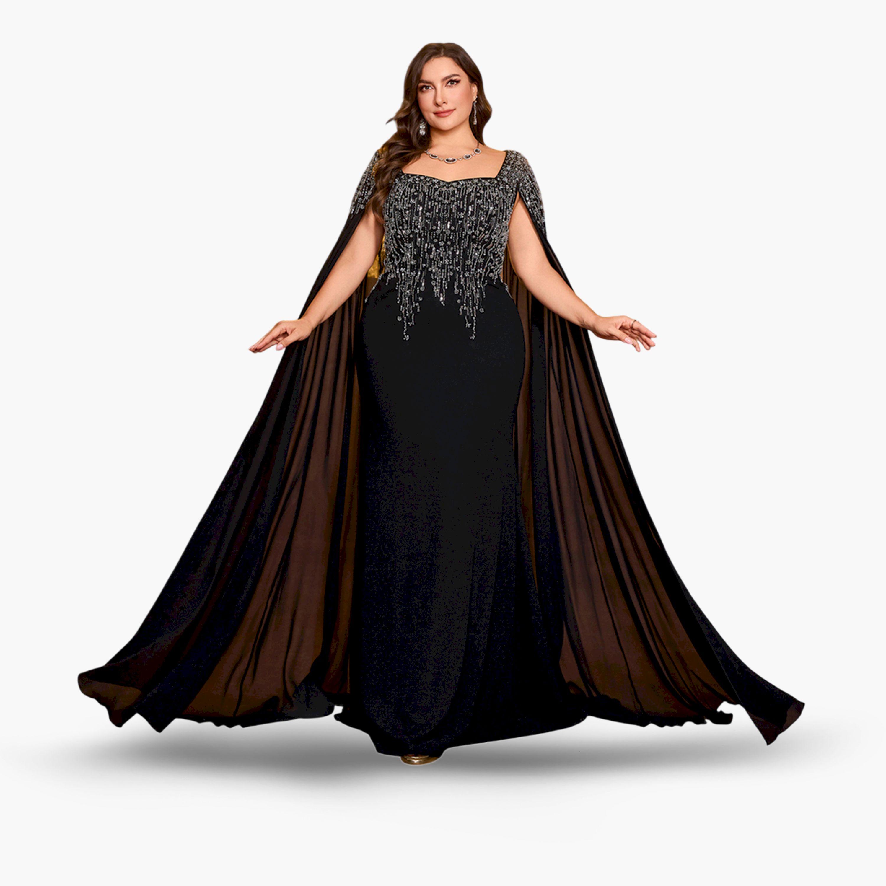 UNITHORSE X Styli Plus Size Black Embellished Cape Sleeves Maxi Dress-women-clothing-dresses-image-4