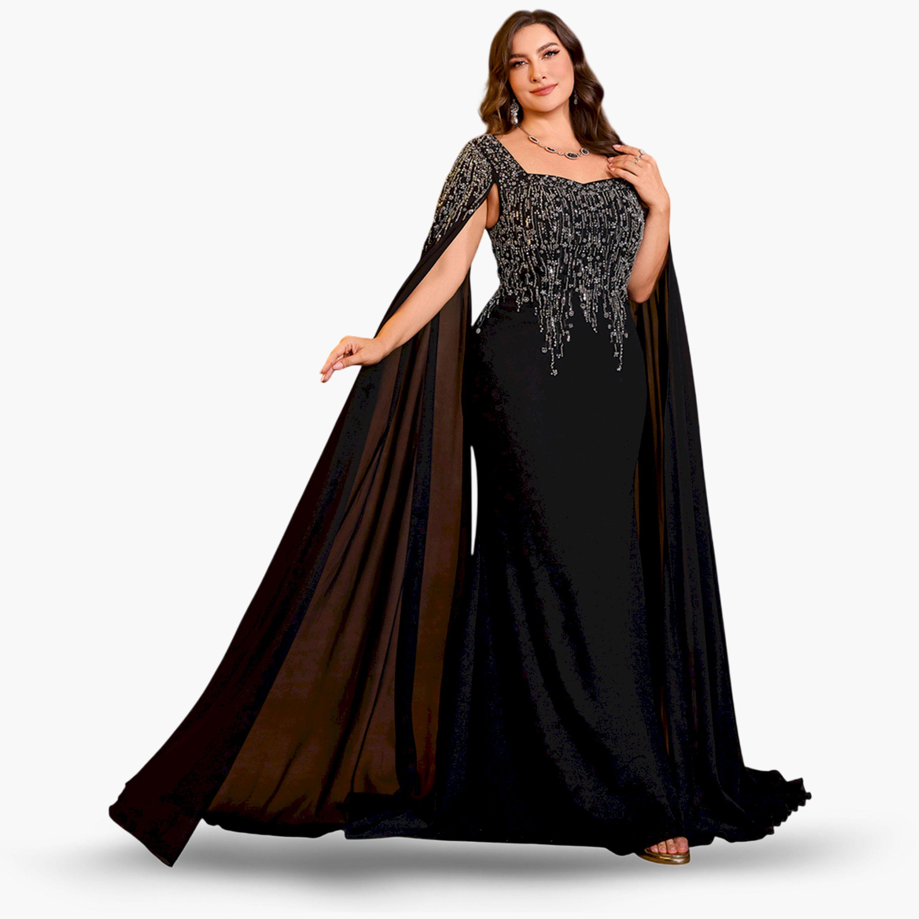 UNITHORSE X Styli Plus Size Black Embellished Cape Sleeves Maxi Dress-women-clothing-dresses-image-5