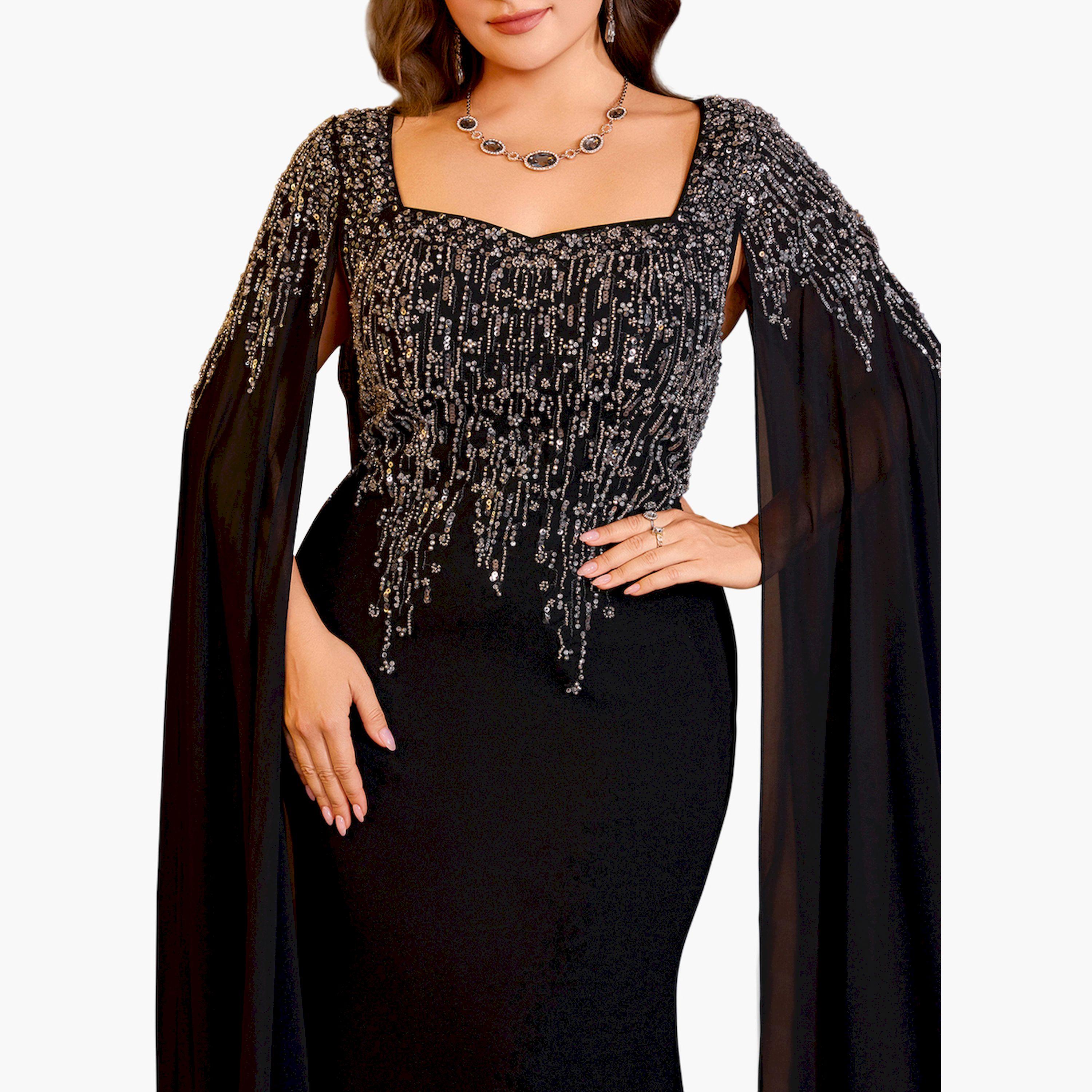 UNITHORSE X Styli Plus Size Black Embellished Cape Sleeves Maxi Dress-women-clothing-dresses-image-6